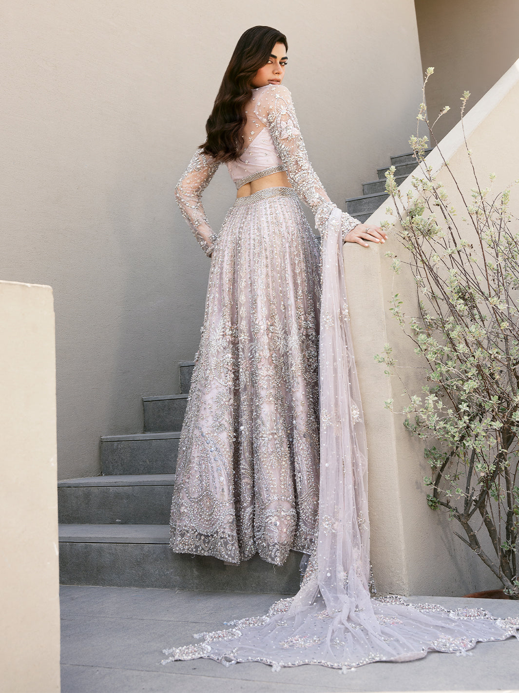 Pakistani Pale Lilac Embellished Tulle Lehenga (3-Piece) - Image 3