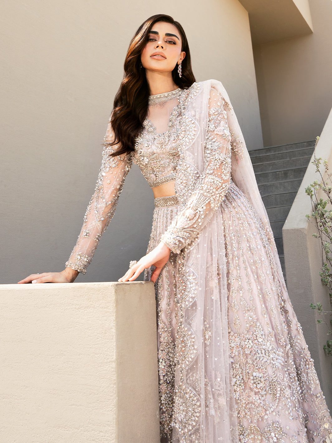 Pakistani Pale Lilac Embellished Tulle Lehenga (3-Piece) - Image 4