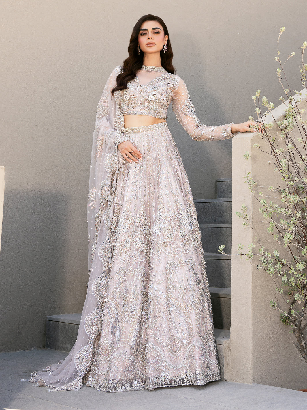 Pakistani Pale Lilac Embellished Tulle Lehenga (3-Piece) - Image 5