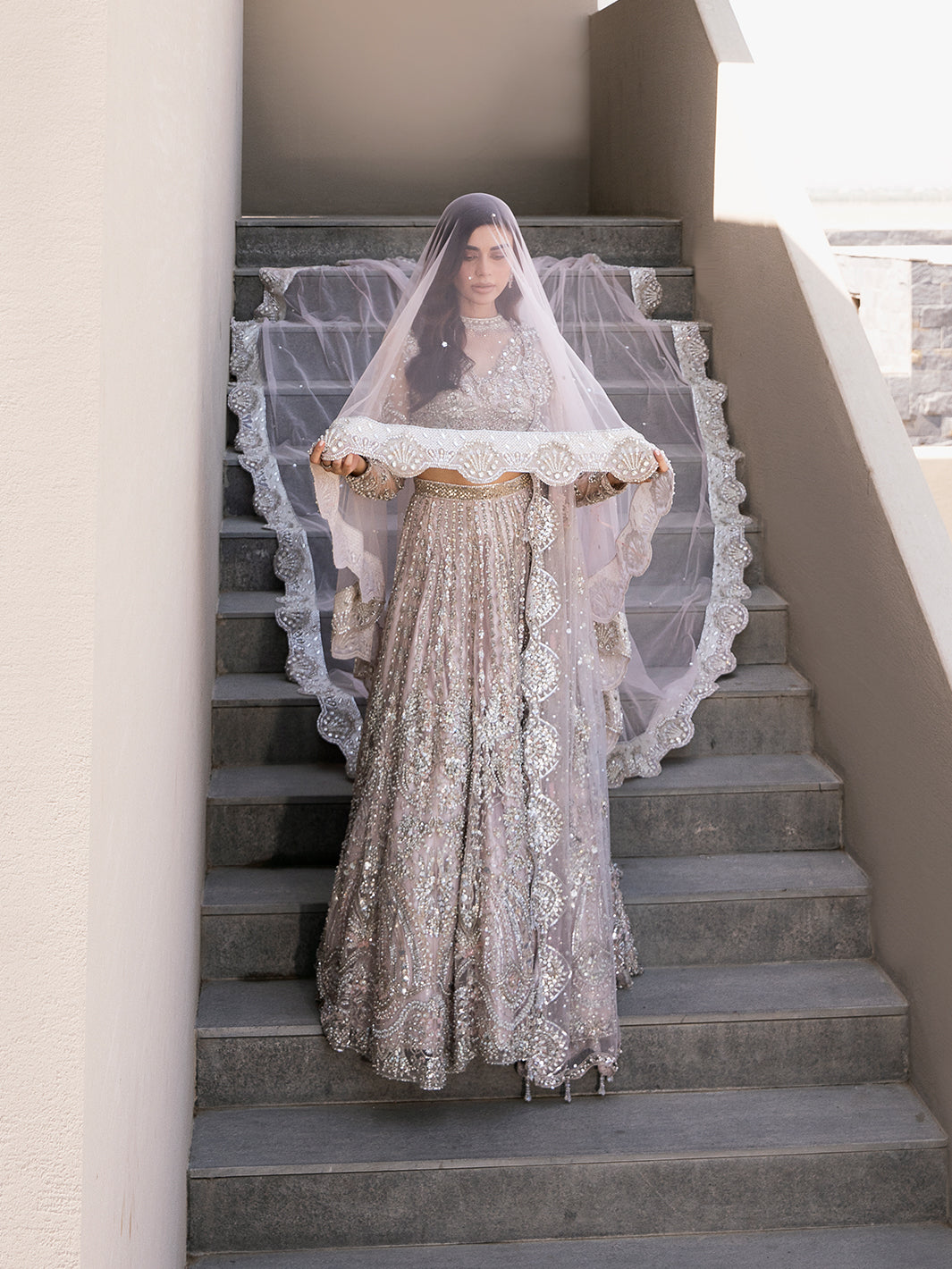 Pakistani Pale Lilac Embellished Tulle Lehenga (3-Piece) - Image 7