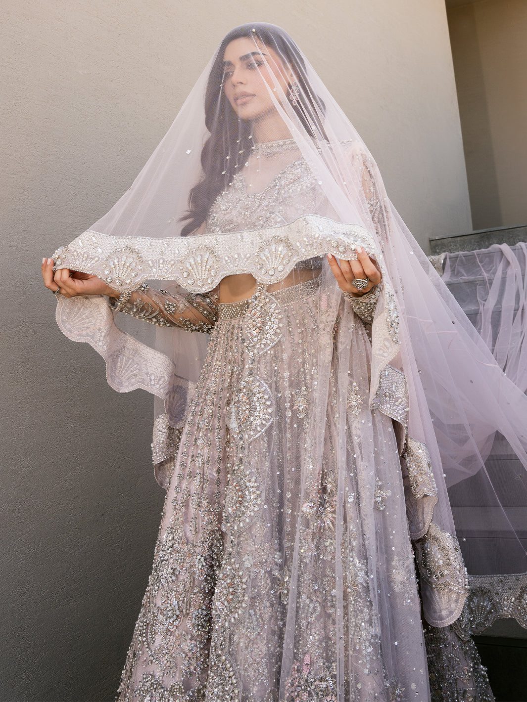 Pakistani Pale Lilac Embellished Tulle Lehenga (3-Piece) - Image 9