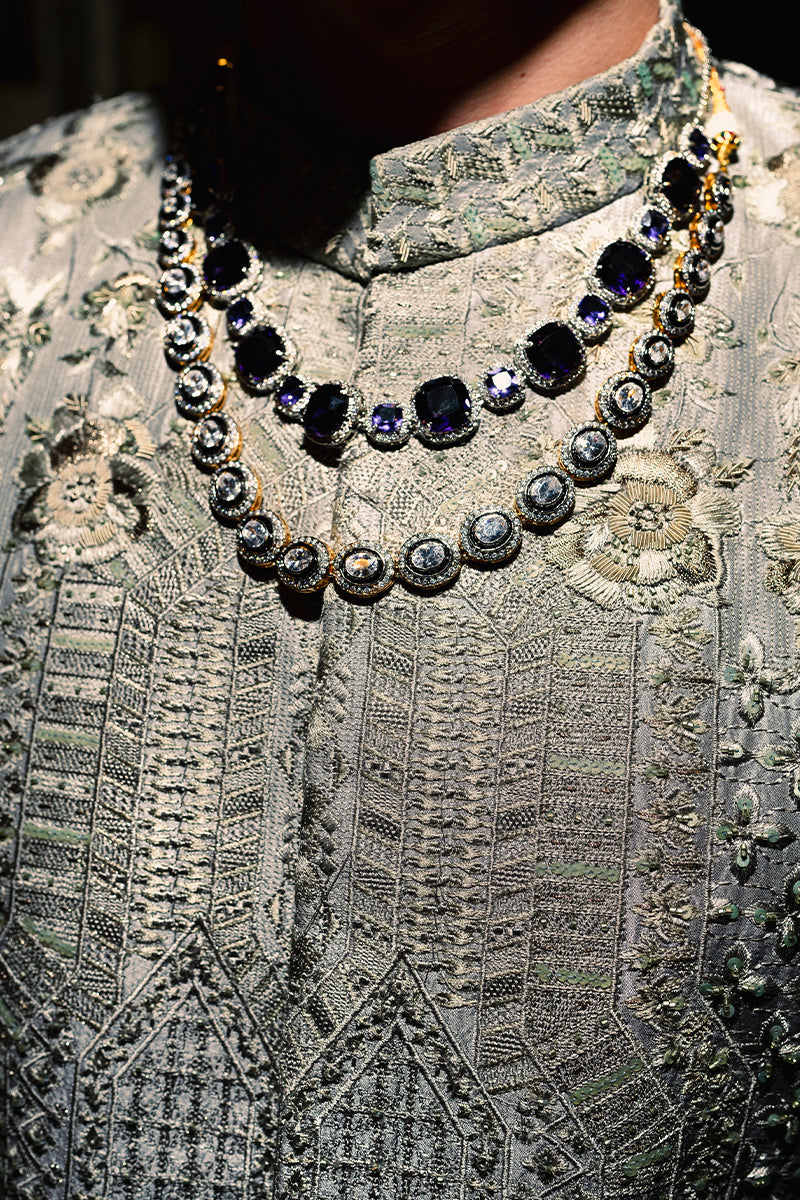 Mud Lilac Tilla Embroidered Self Jamawar Prince Coat (1-Pc) - Image 3