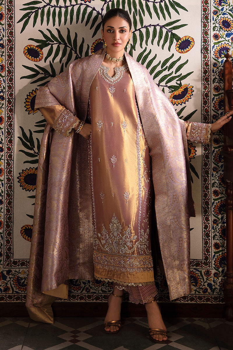 Lilac Gold Embroidered Zarri Silk Salwar Kameez (3-Piece) - Image 1
