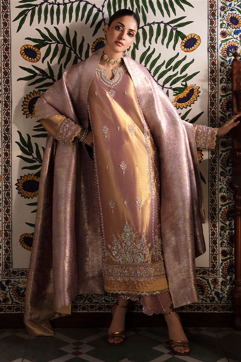 Lilac Gold Embroidered Zarri Silk Salwar Kameez (3-Piece) - Image 10