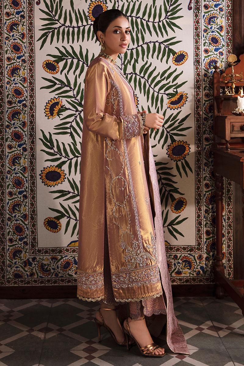Lilac Gold Embroidered Zarri Silk Salwar Kameez (3-Piece) - Image 2