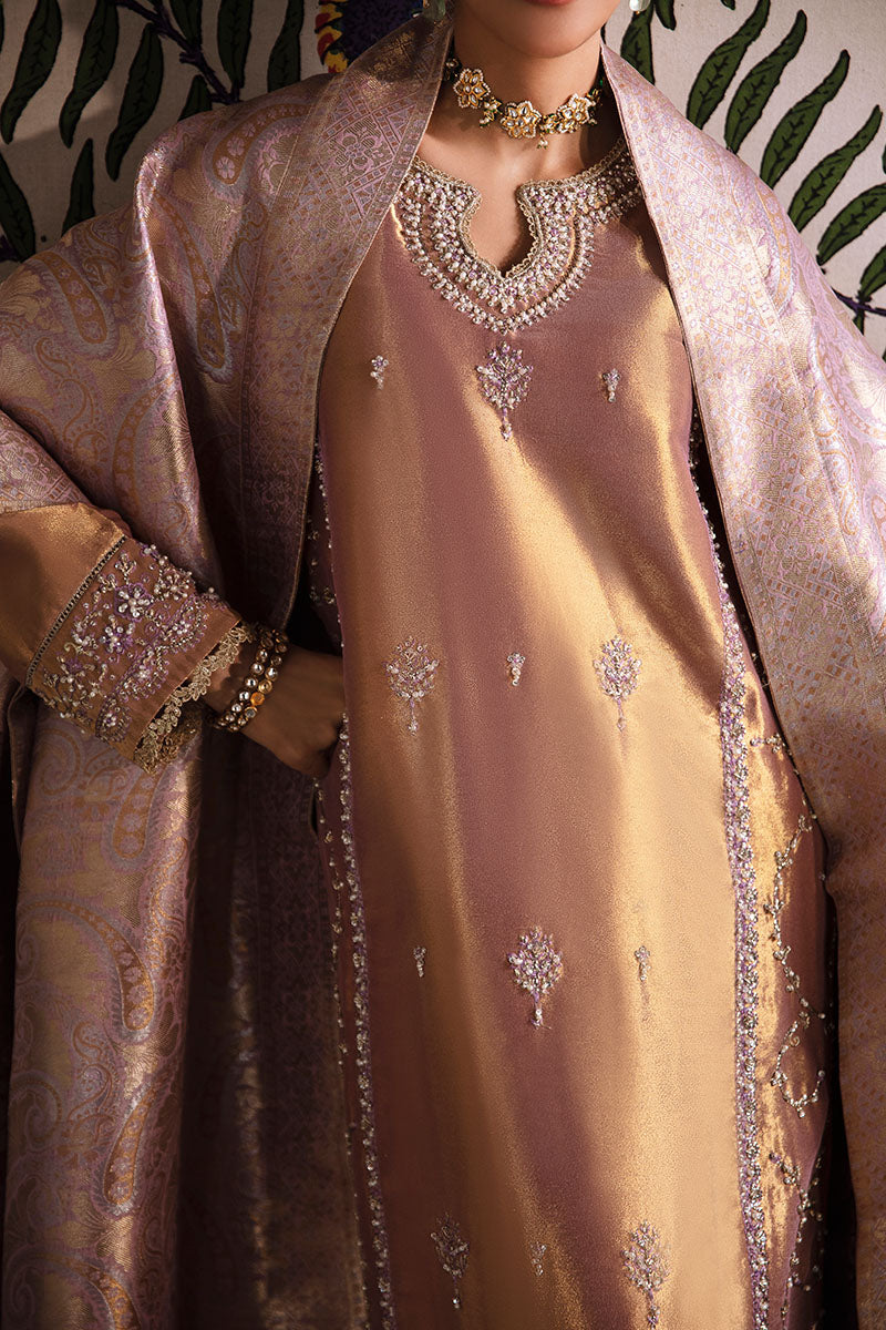 Lilac Gold Embroidered Zarri Silk Salwar Kameez (3-Piece) - Image 3