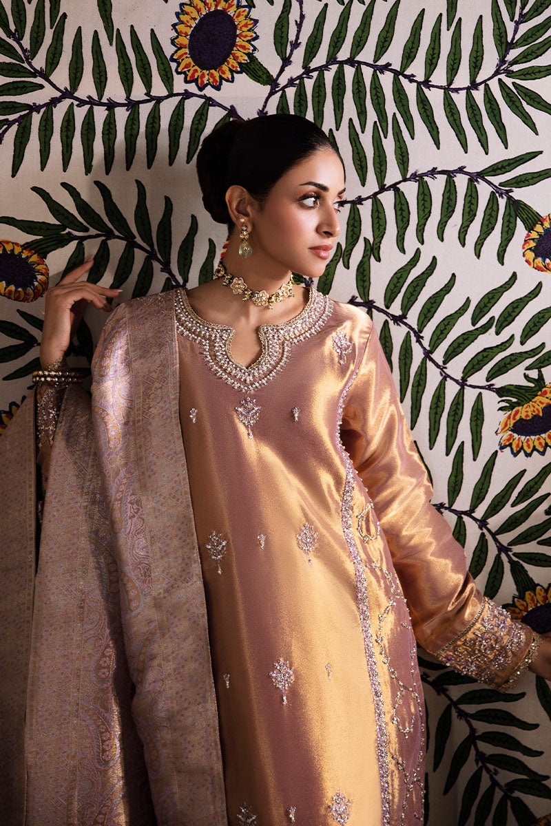 Lilac Gold Embroidered Zarri Silk Salwar Kameez (3-Piece) - Image 5