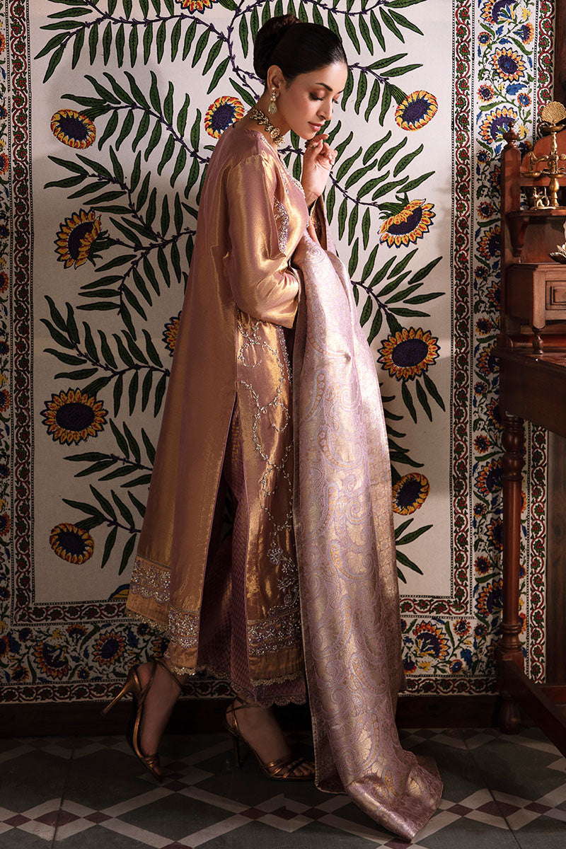 Lilac Gold Embroidered Zarri Silk Salwar Kameez (3-Piece) - Image 6