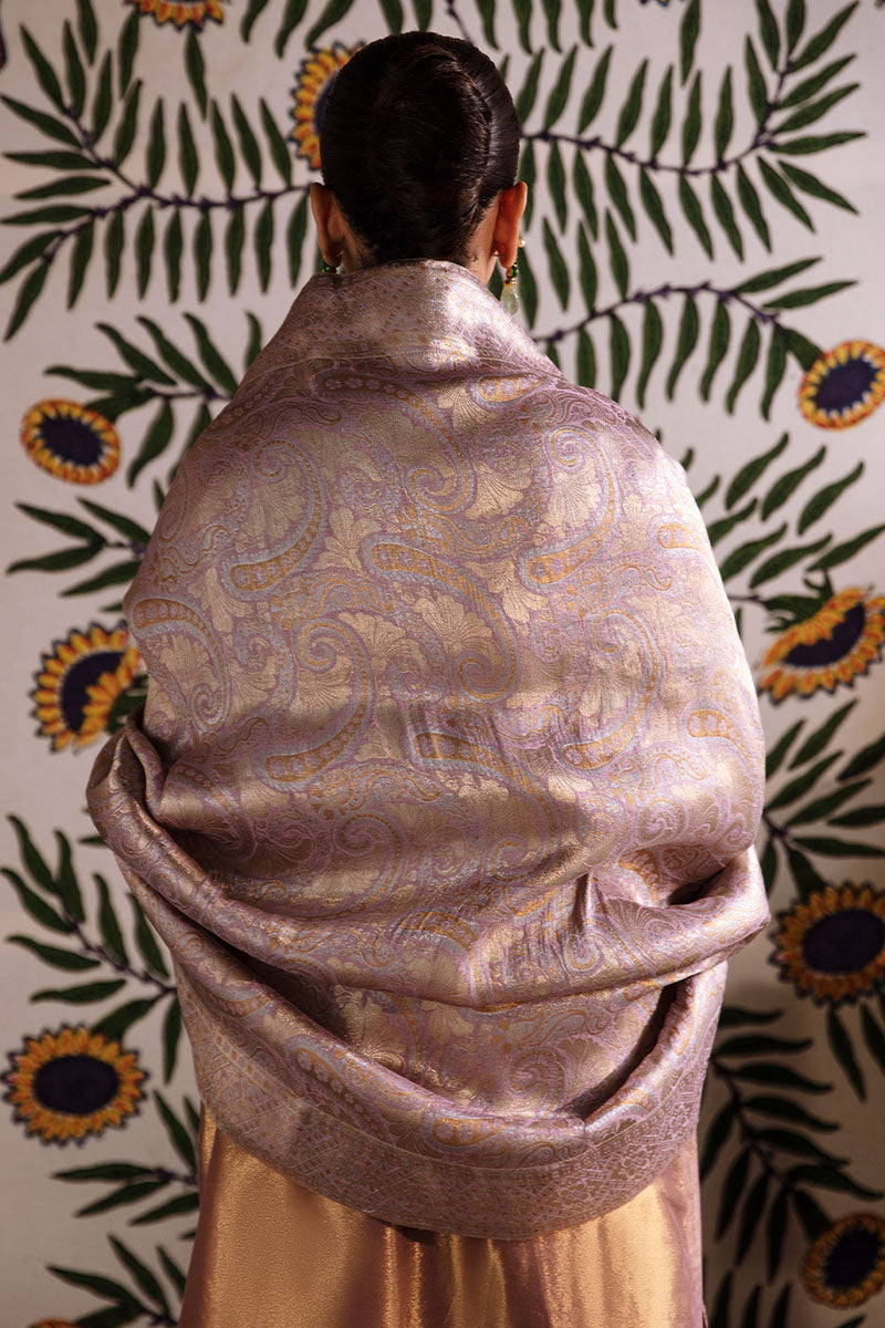 Lilac Gold Embroidered Zarri Silk Salwar Kameez (3-Piece) - Image 7