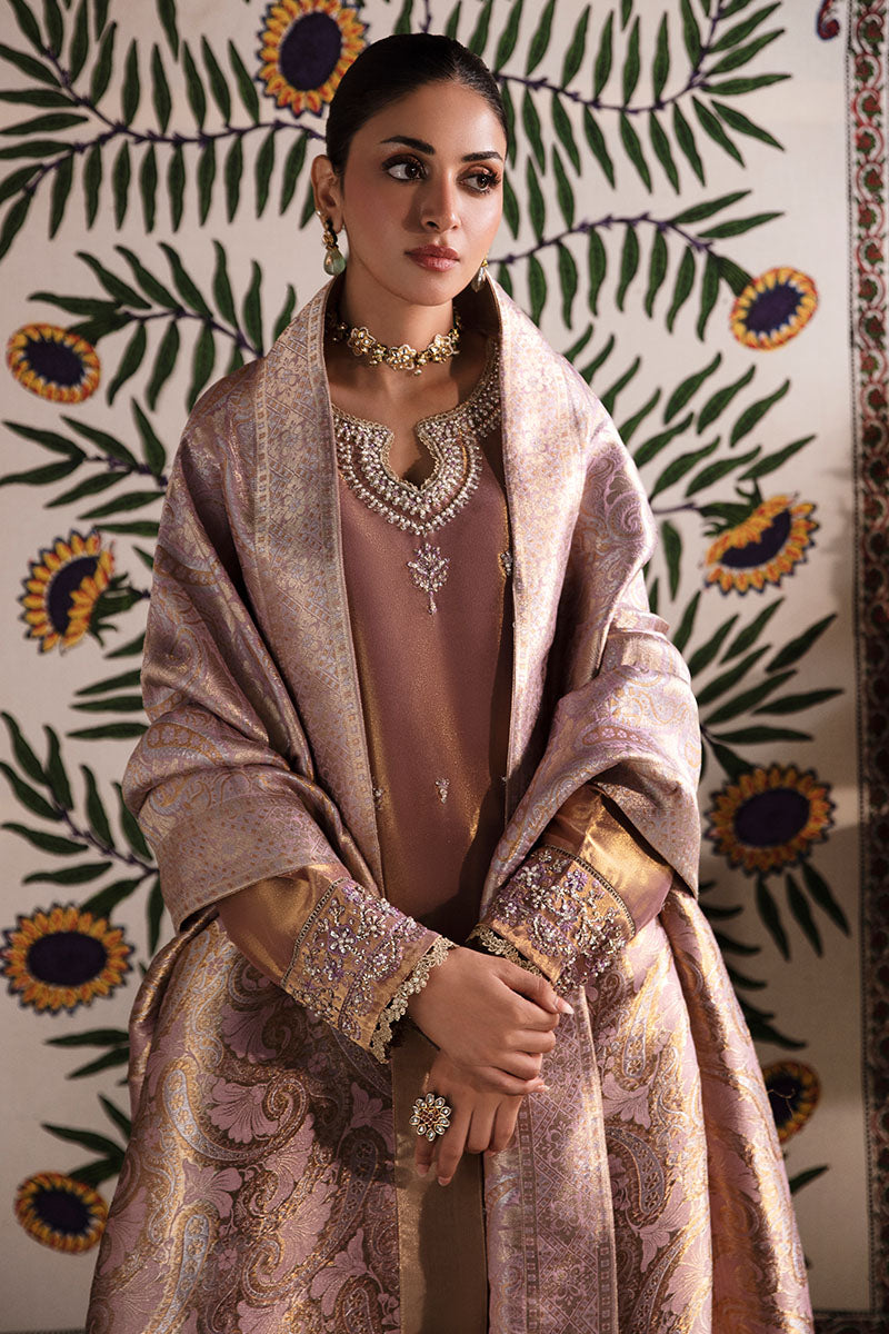 Lilac Gold Embroidered Zarri Silk Salwar Kameez (3-Piece) - Image 9