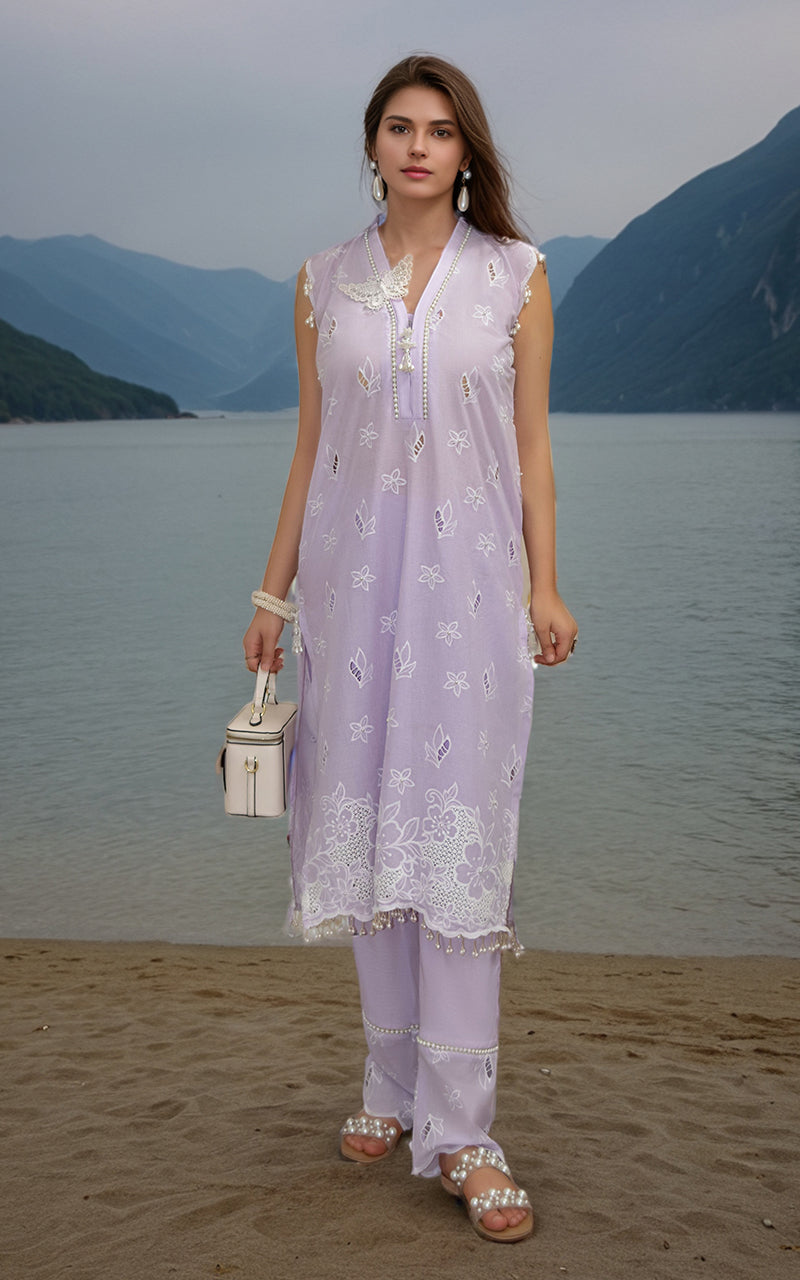 Pakistani Lilac Cutwork Embroidered Lawn & Silk Suit (2-Piece) - Image 2