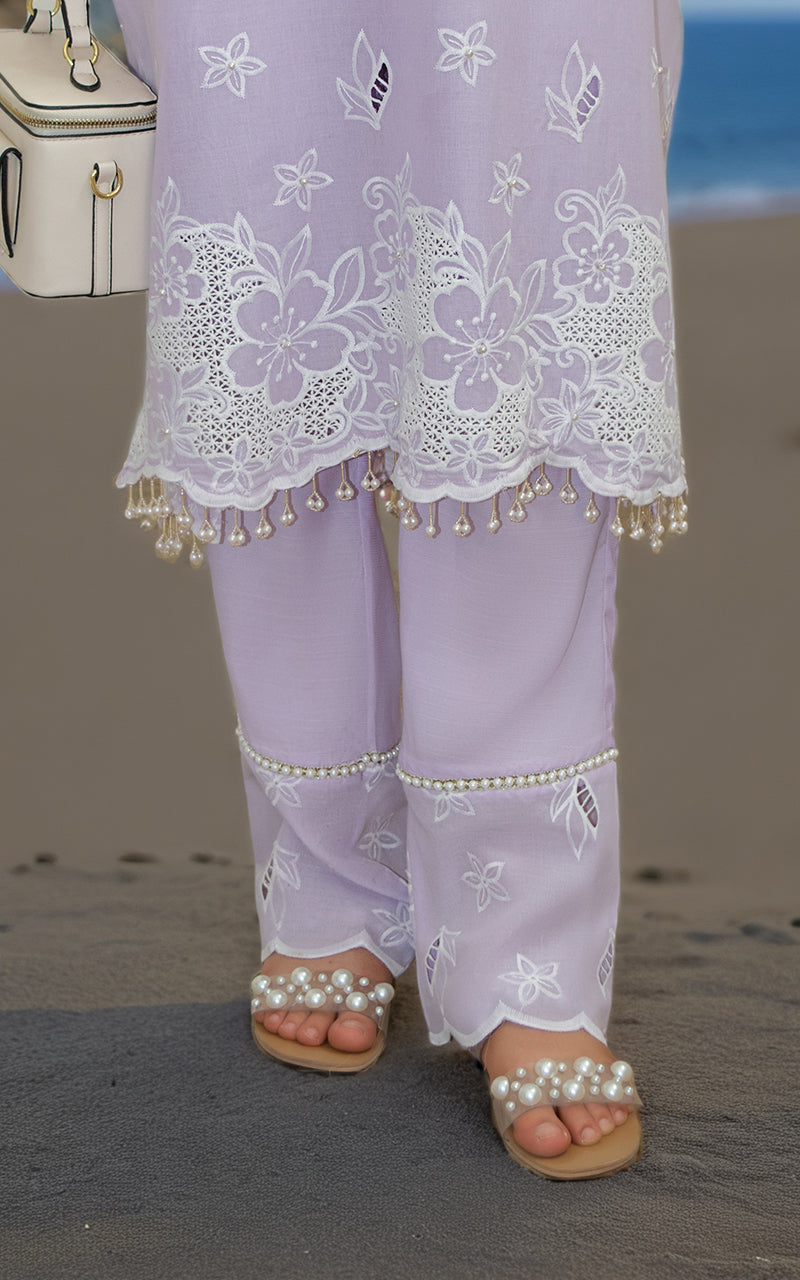 Pakistani Lilac Cutwork Embroidered Lawn & Silk Suit (2-Piece) - Image 4