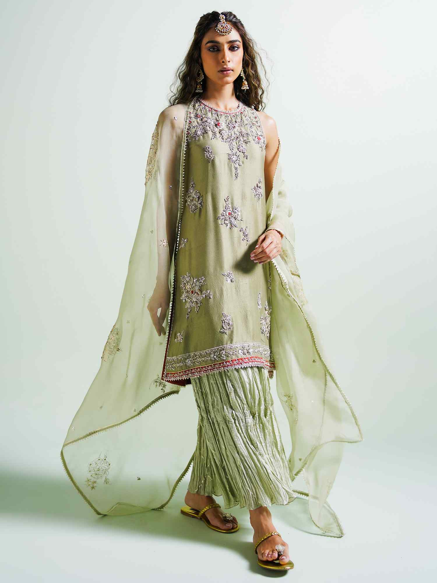 Shadow Lime Embroidered Raw Silk Salwar Kameez (3-Piece) - Image 1