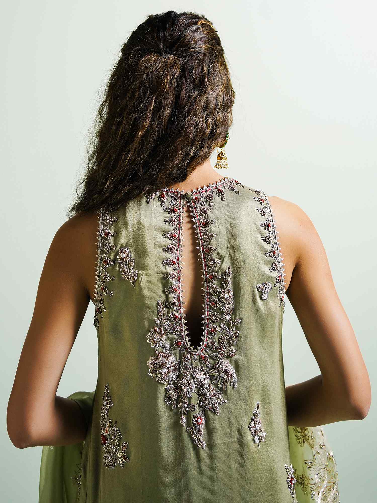 Shadow Lime Embroidered Raw Silk Salwar Kameez (3-Piece) - Image 2