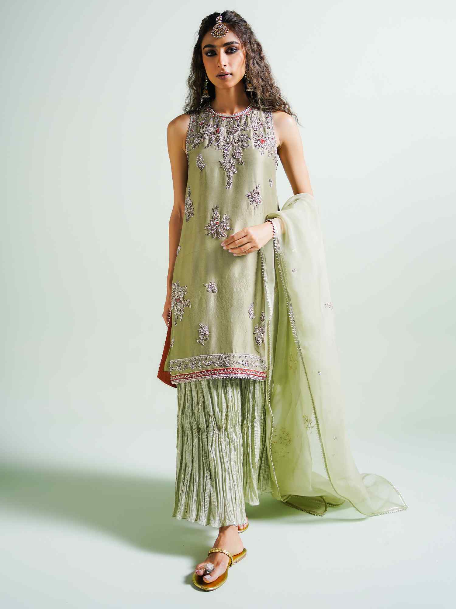 Shadow Lime Embroidered Raw Silk Salwar Kameez (3-Piece) - Image 4