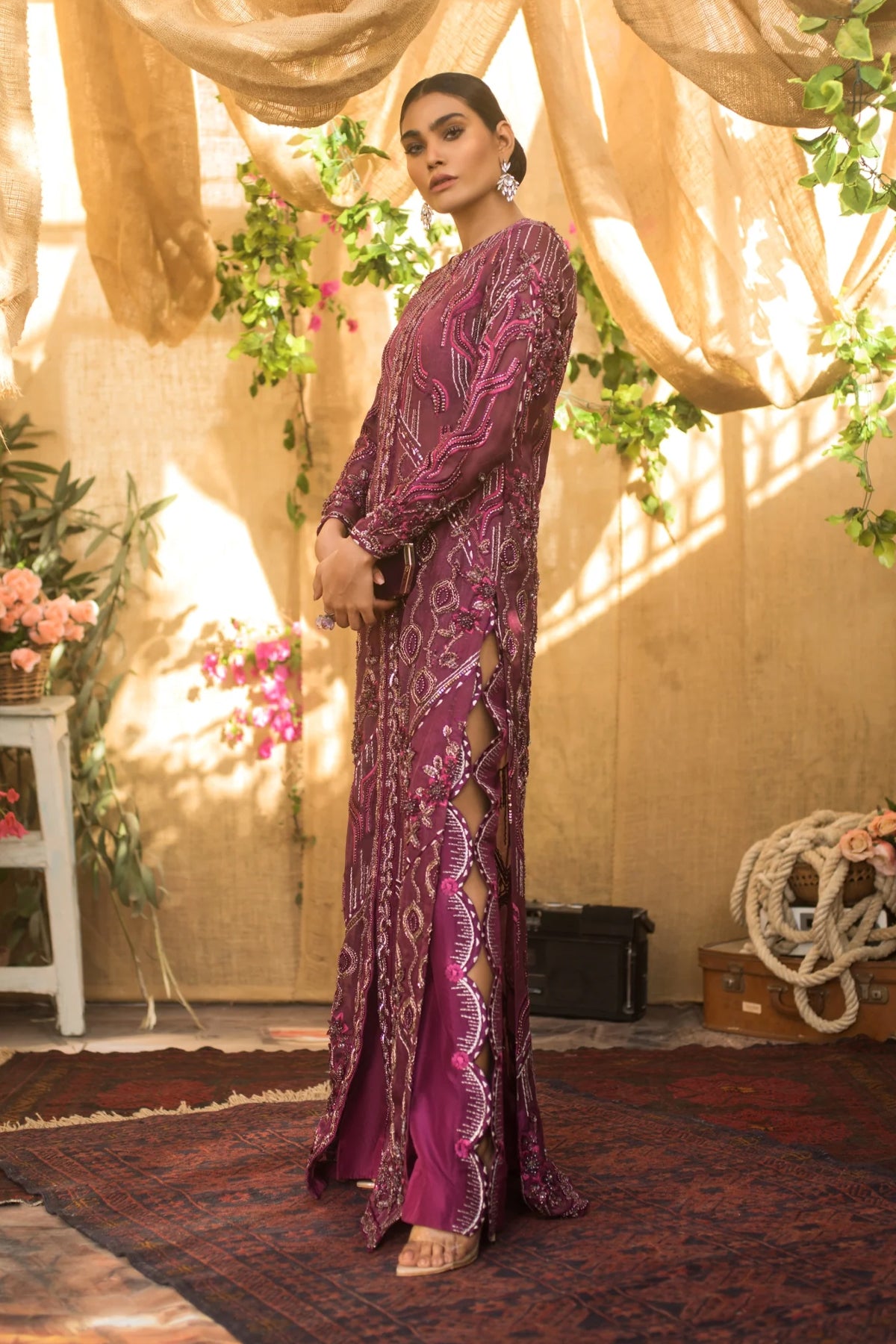 Deep Magenta Embellished Net Satin Gown (1-Pc) - Image 1