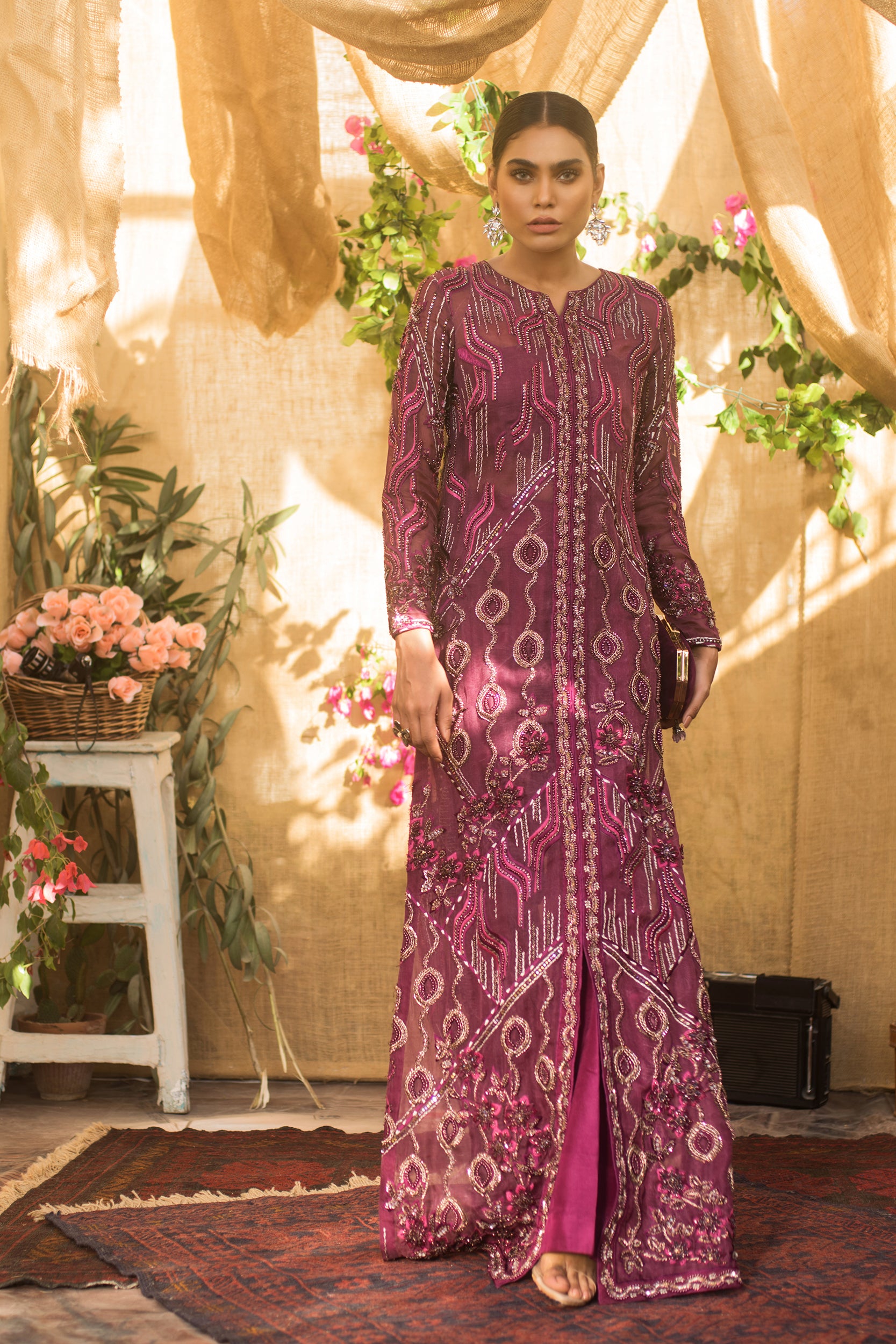 Deep Magenta Embellished Net Satin Gown (1-Pc) - Image 2