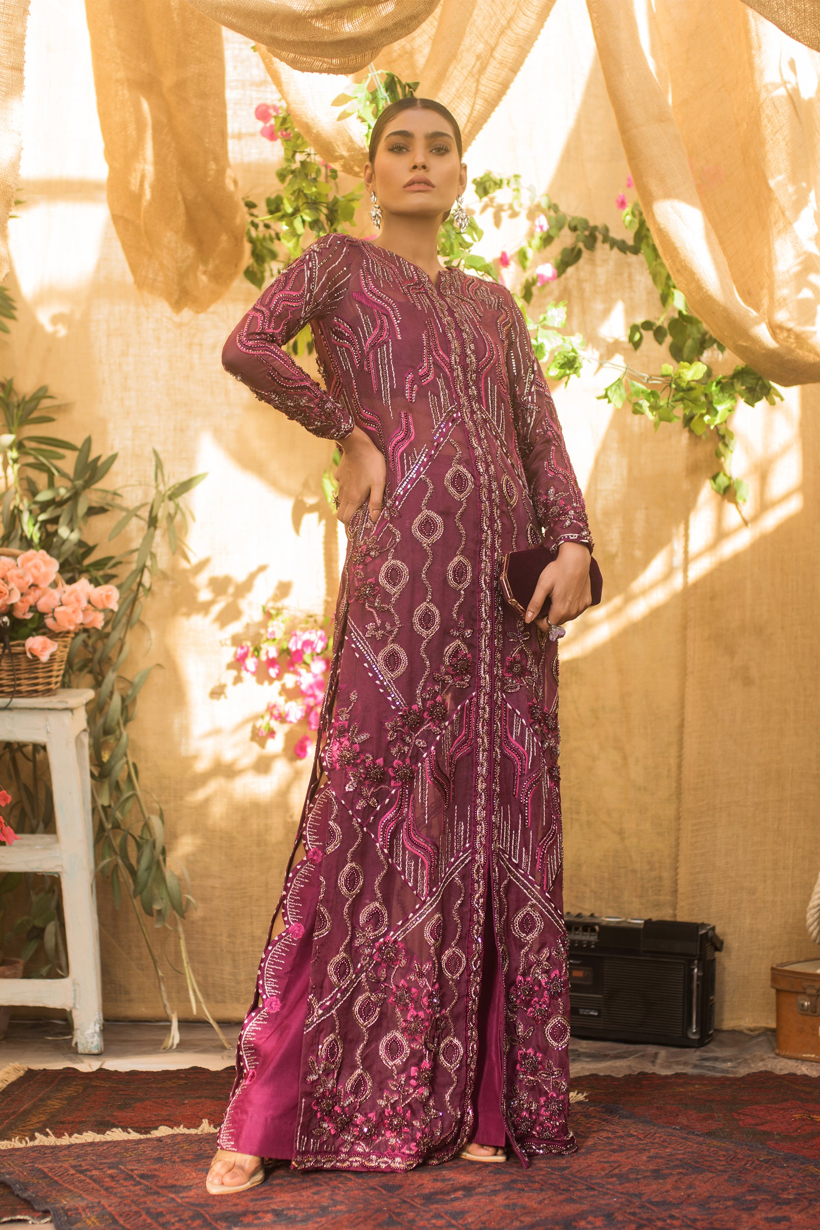 Deep Magenta Embellished Net Satin Gown (1-Pc) - Image 3