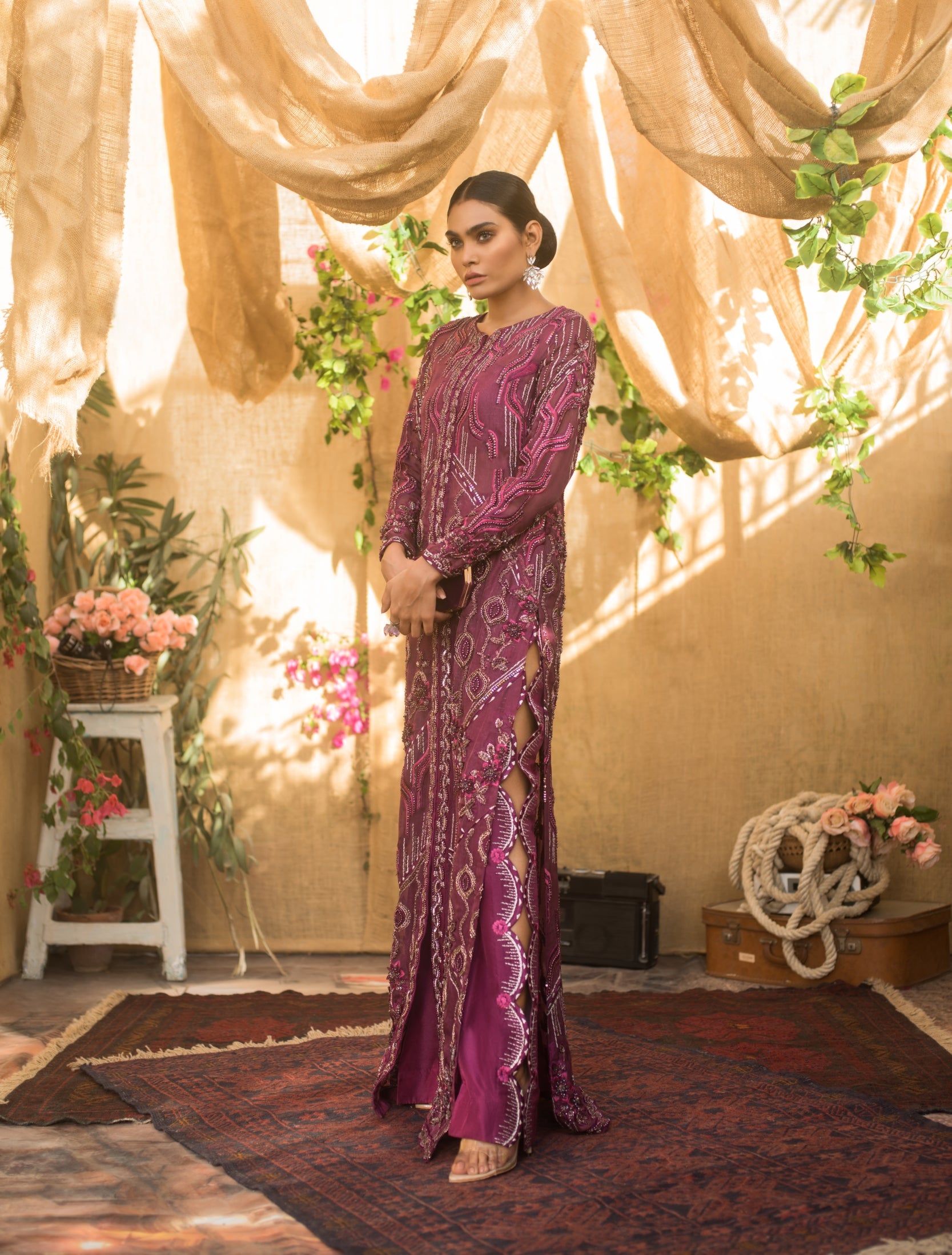 Deep Magenta Embellished Net Satin Gown (1-Pc) - Image 4