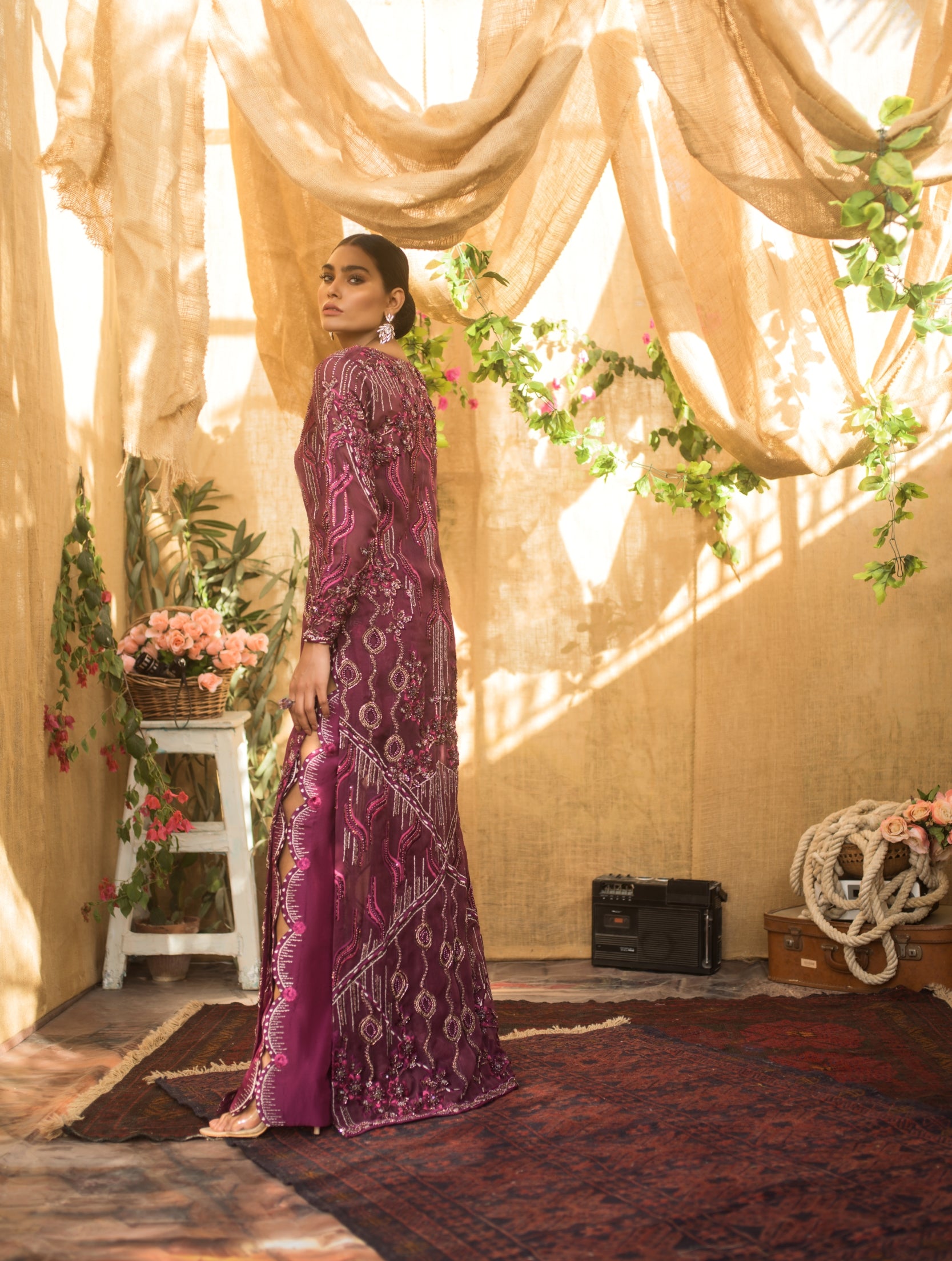 Deep Magenta Embellished Net Satin Gown (1-Pc) - Image 5