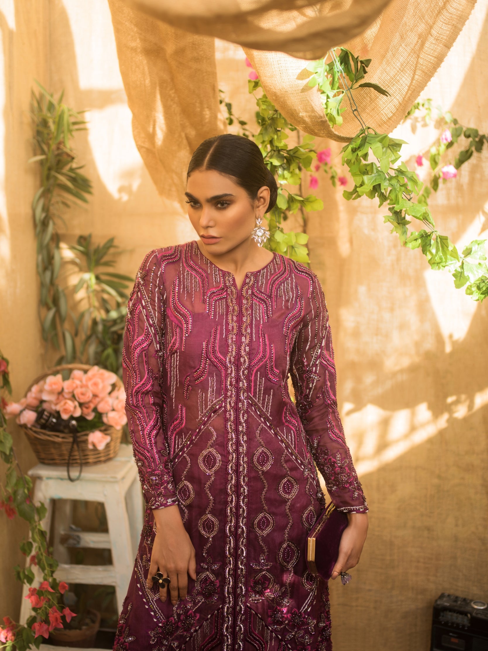 Deep Magenta Embellished Net Satin Gown (1-Pc) - Image 6