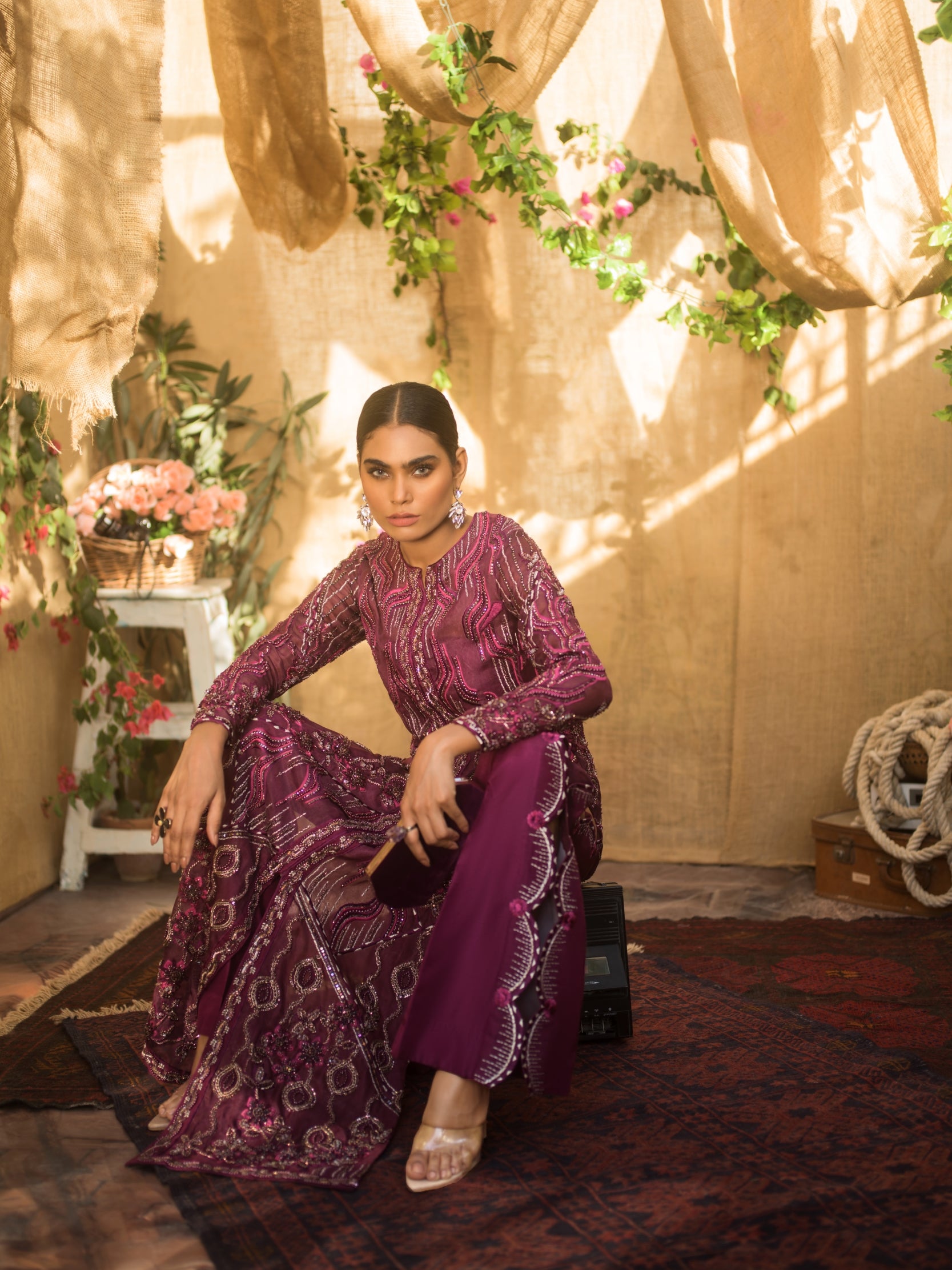 Deep Magenta Embellished Net Satin Gown (1-Pc) - Image 7