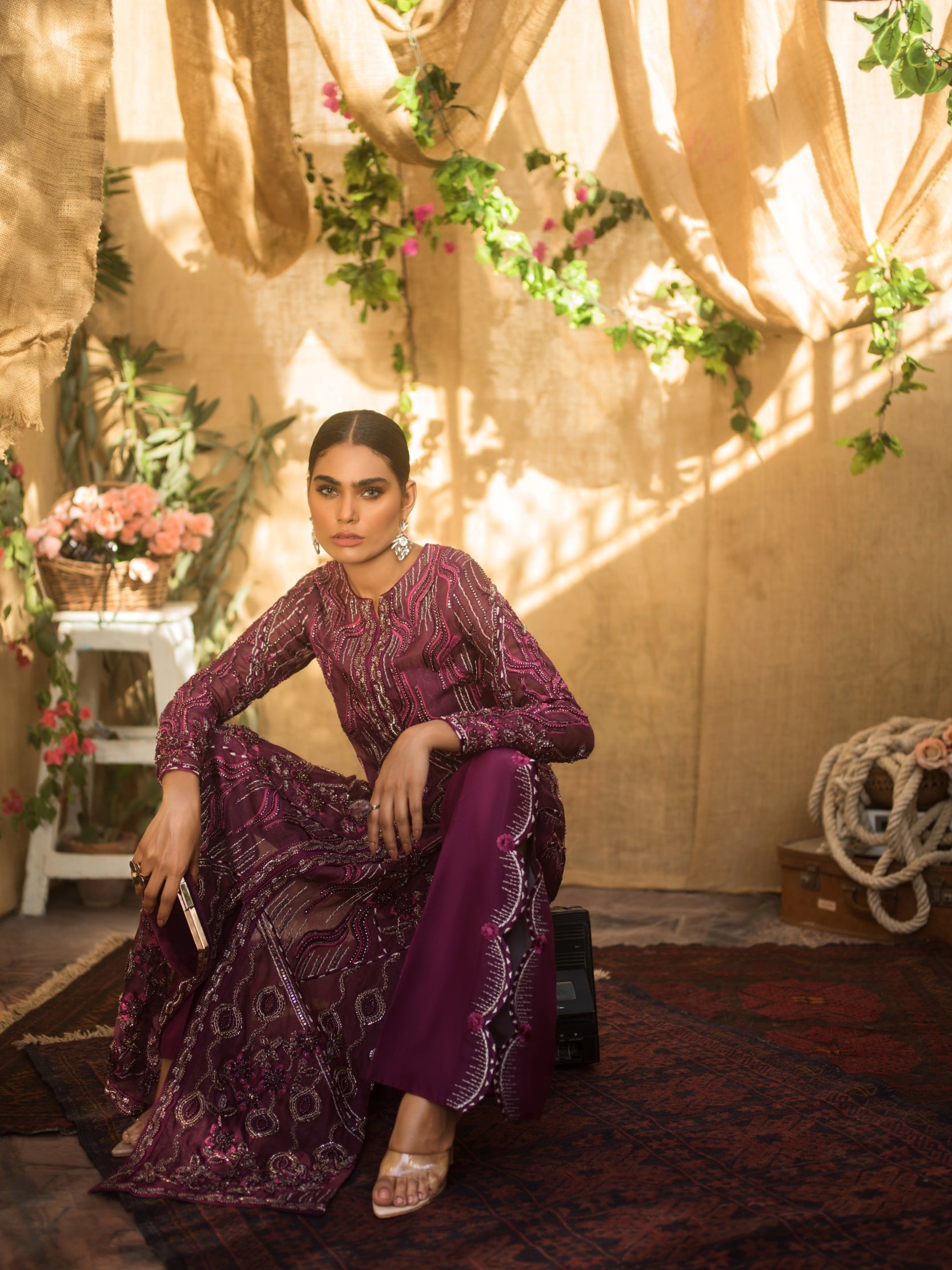 Deep Magenta Embellished Net Satin Gown (1-Pc) - Image 8