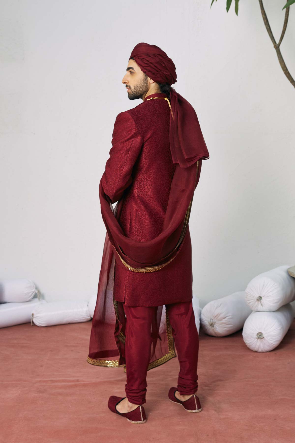 Viva Magenta Silken Thread Raw Silk Sherwani (3-Piece) - Image 2