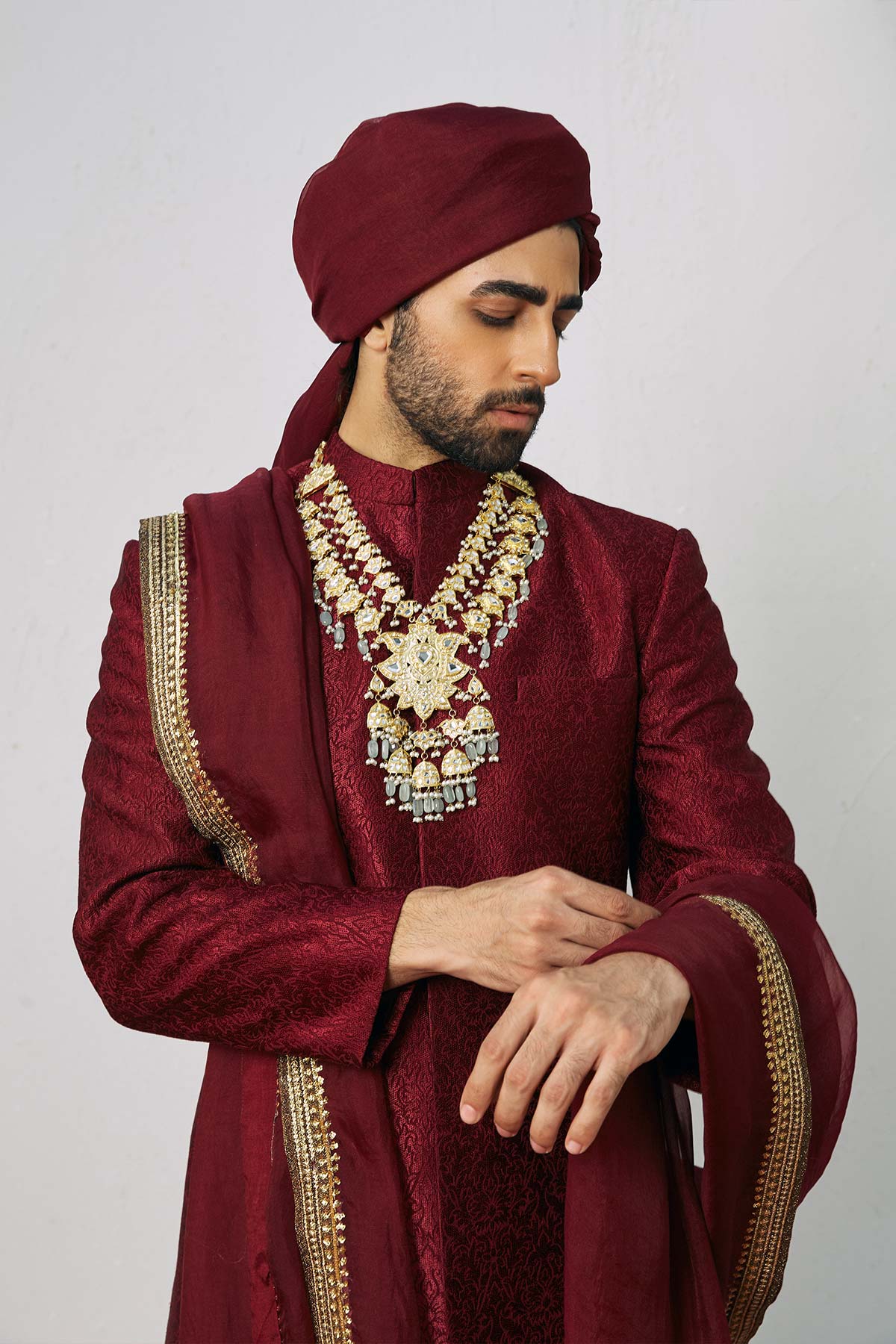 Viva Magenta Silken Thread Raw Silk Sherwani (3-Piece) - Image 3