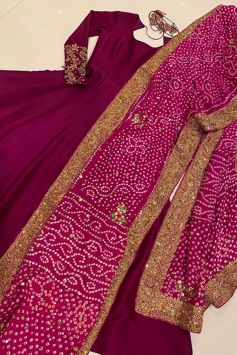 Pakistani Deep Magenta Dabka Embroidered Raw Silk Kalidar (2-Piece) - Image 1