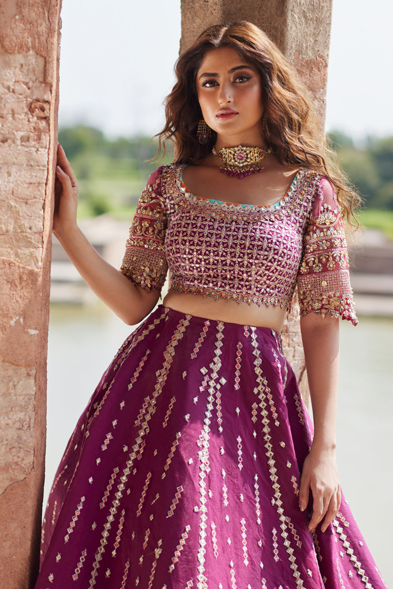 Deep Magenta Gota Embroidered Raw Silk Lehenga Choli (3-Piece) - Image 3