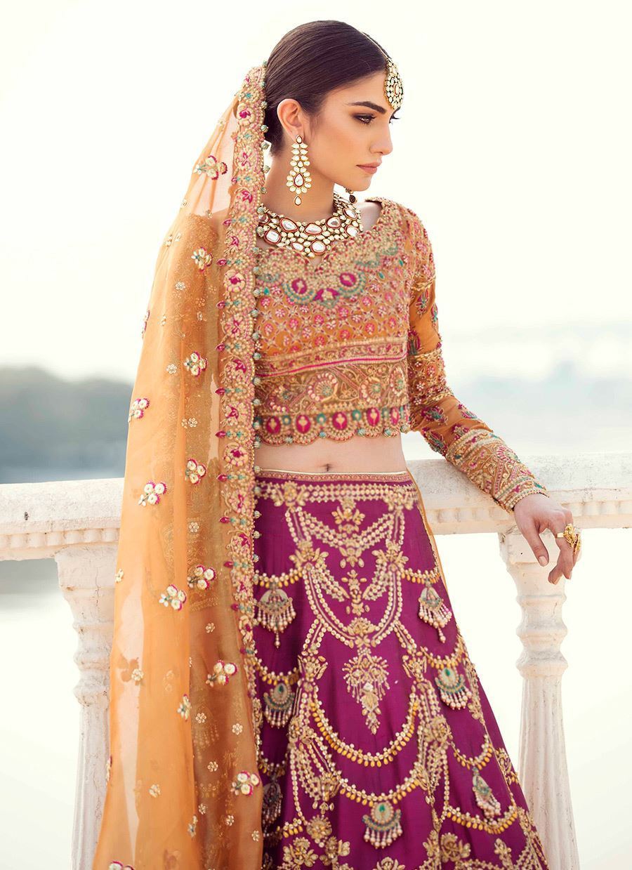 Burnt Orange Embroidered Tissue Choli & Magenta Silk Lehenga (3-Piece) - Image 5