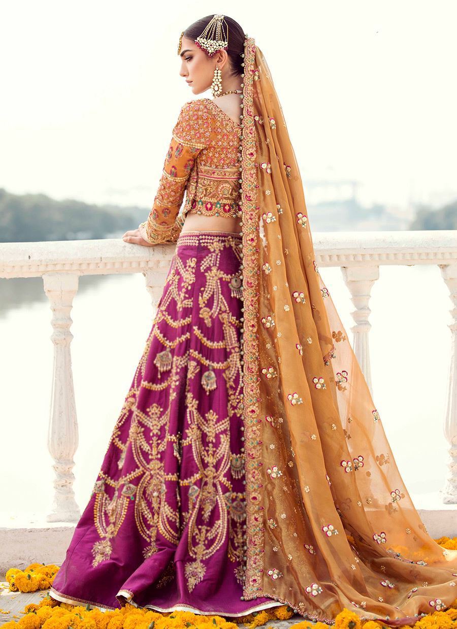 Burnt Orange Embroidered Tissue Choli & Magenta Silk Lehenga (3-Piece) - Image 8