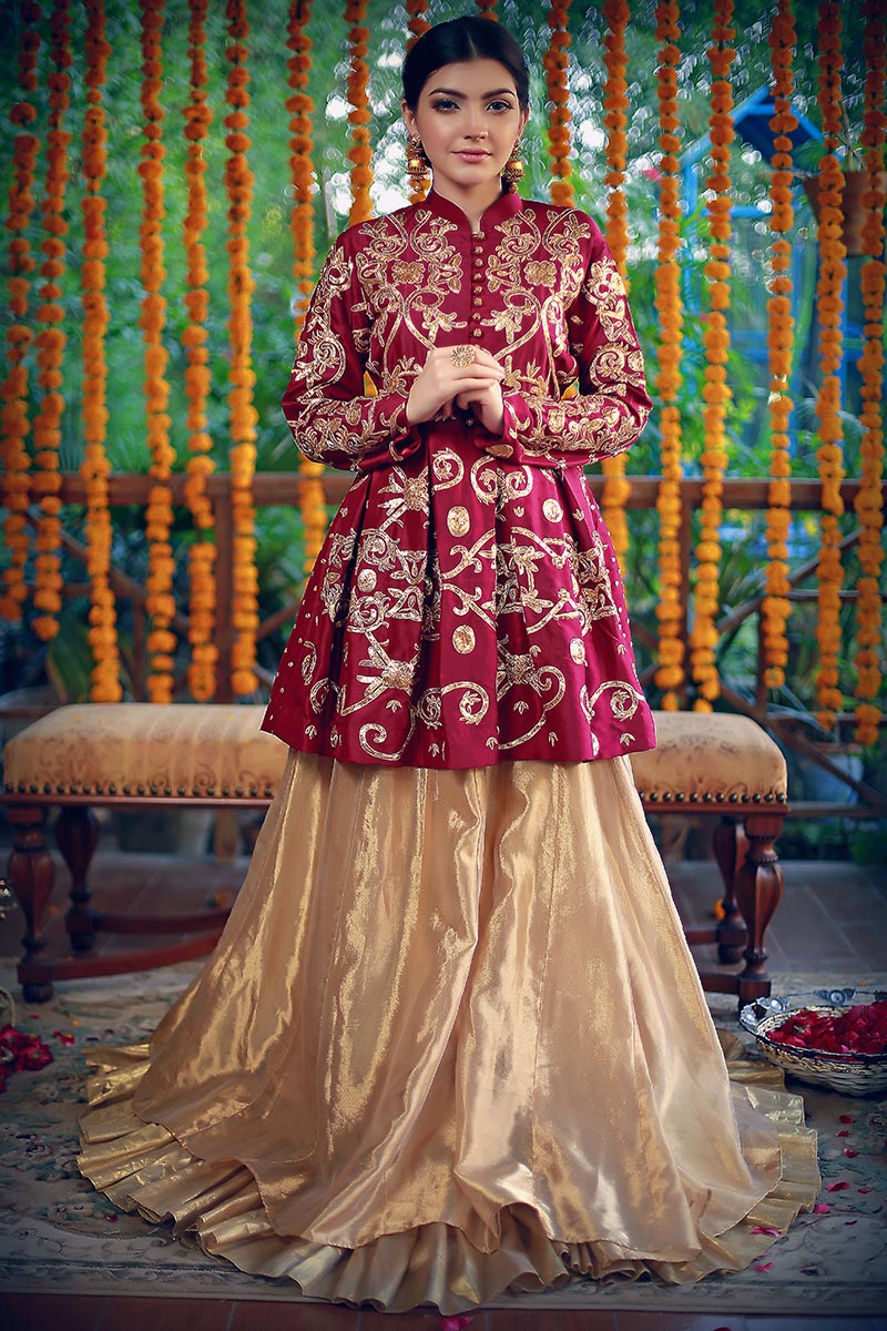 Magenta Pitta Work Raw Silk Peplum with Lehenga (2-Piece) - Image 1