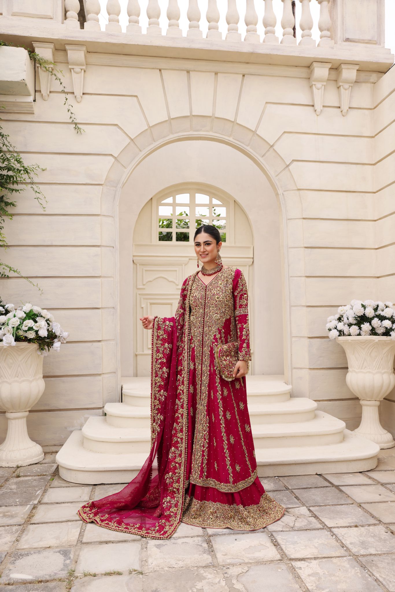 Pakistani Royal Magenta Zardozi Silk Bridal Lehenga (3-Piece) - Image 1