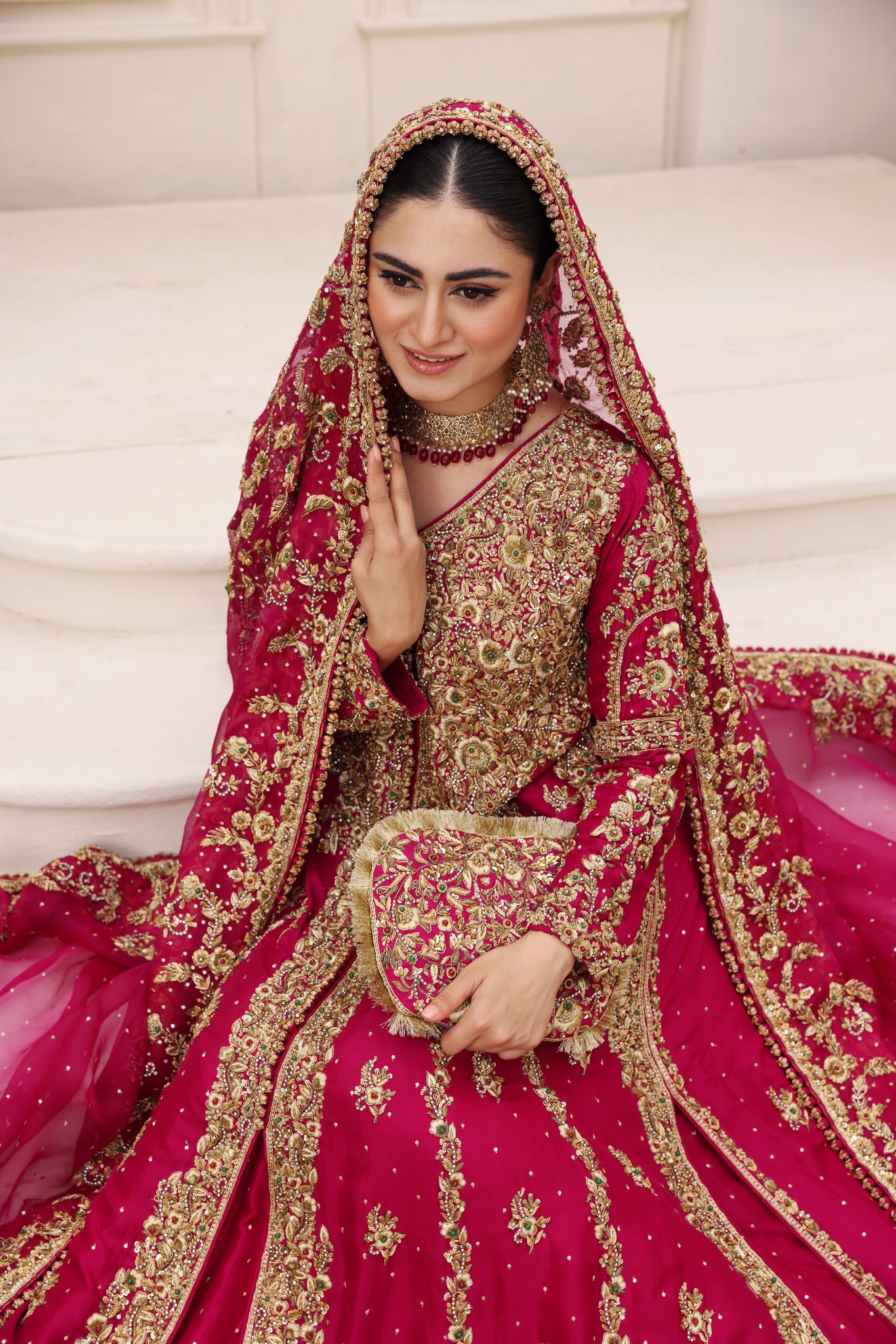 Pakistani Royal Magenta Zardozi Silk Bridal Lehenga (3-Piece) - Image 5