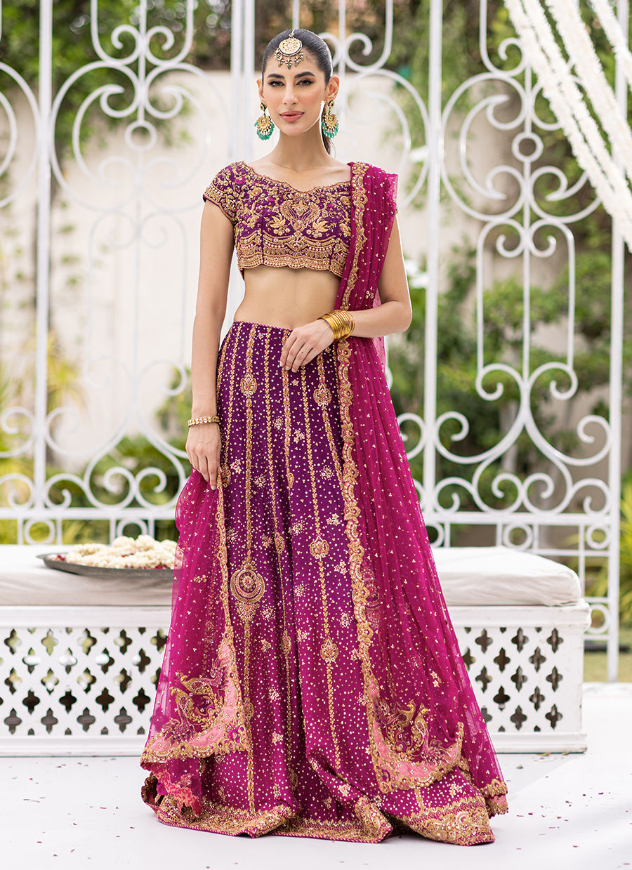Plum to Magenta Zardozi Raw Silk Lehenga Choli (3-Piece) - Image 1