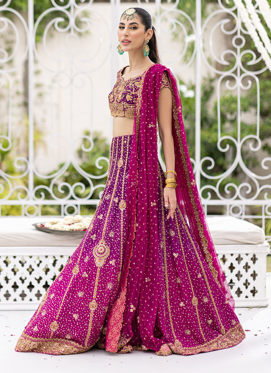 Plum to Magenta Zardozi Raw Silk Lehenga Choli (3-Piece) - Image 9