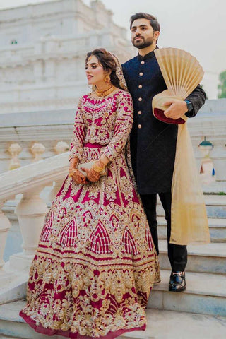 Deep Magenta Zardozi Raw Silk Bridal Lehenga (3-Piece) - Image 3