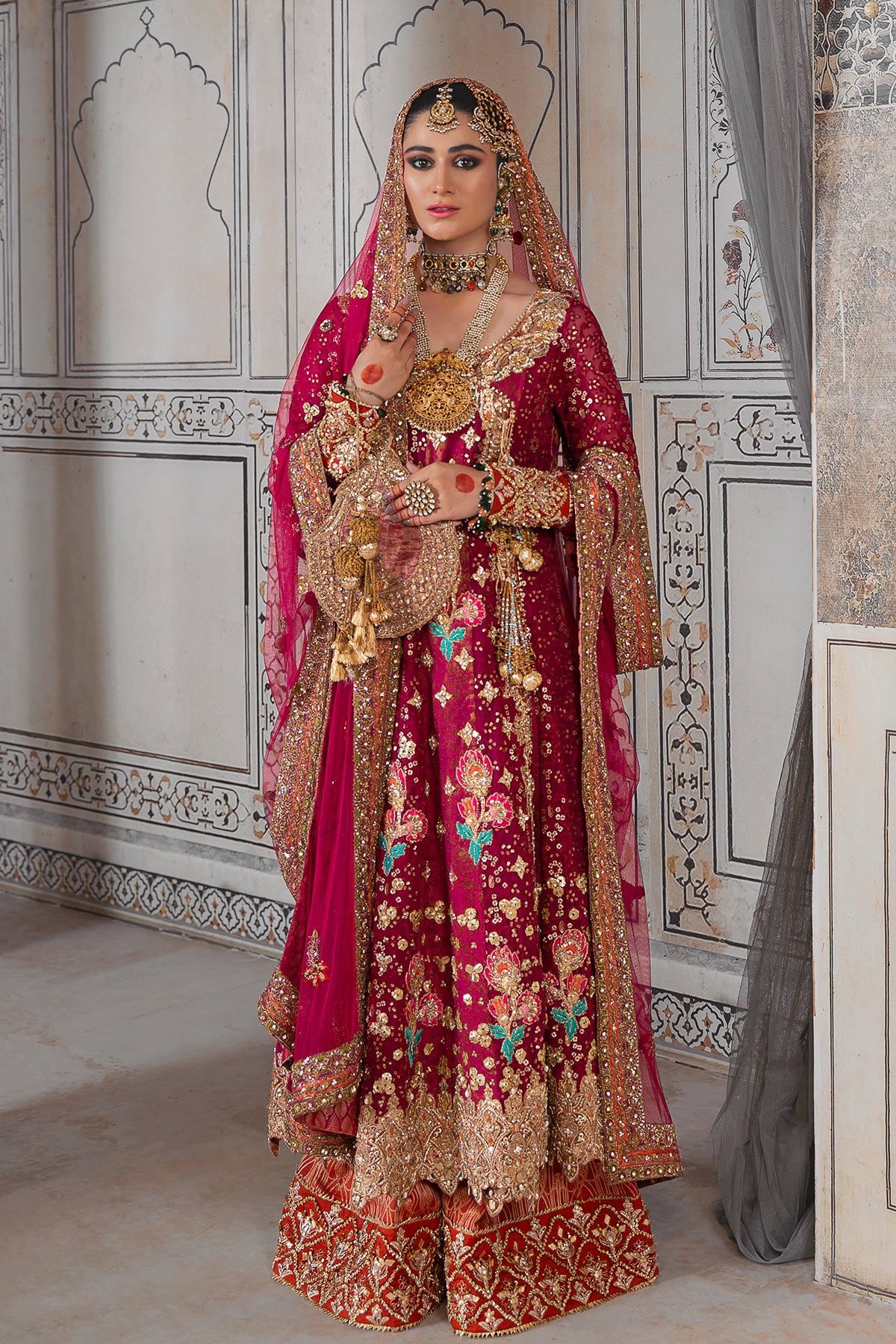 Deep Magenta Embroidered Raw Silk Bridal Lehenga (3-Piece) - Image 1