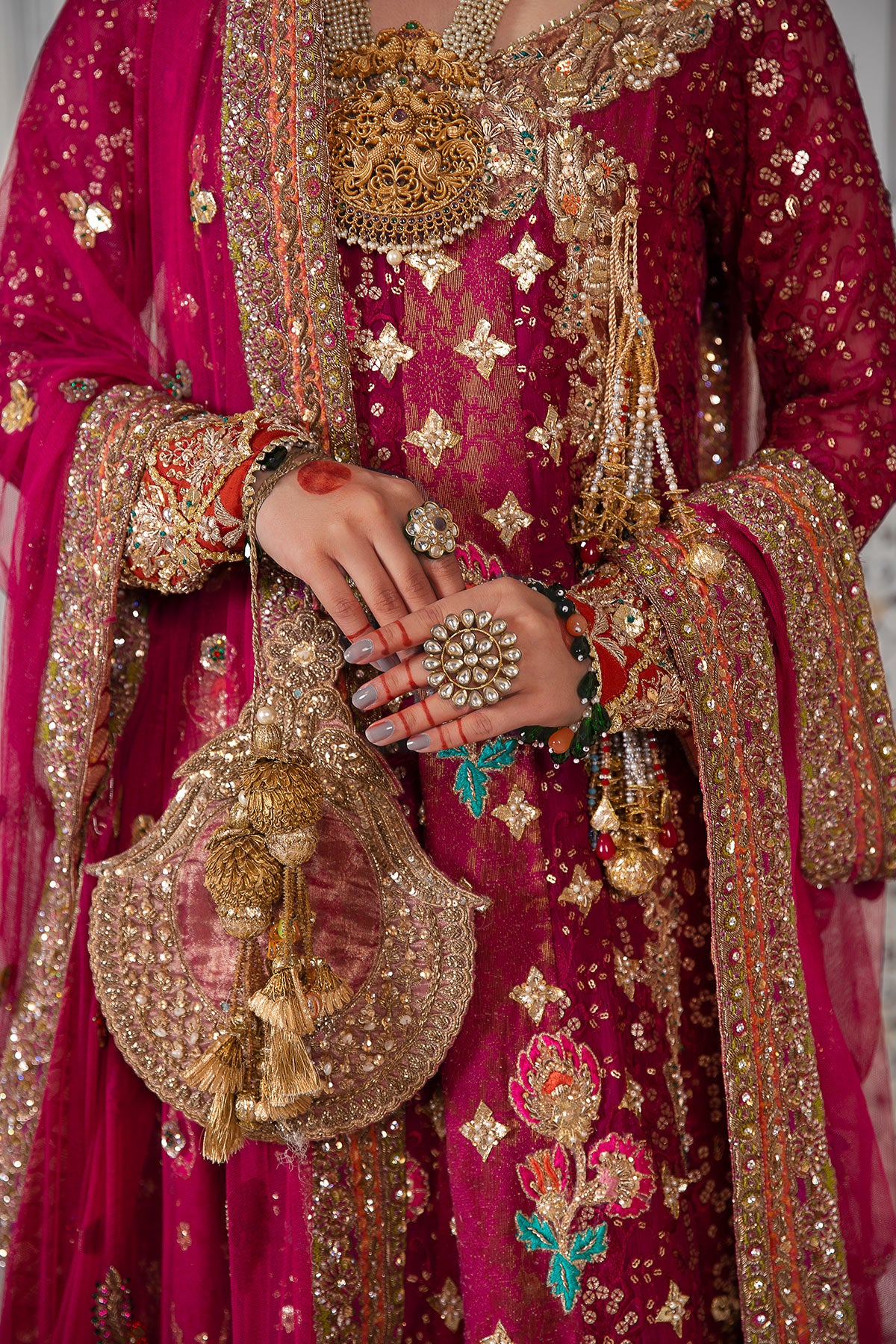 Deep Magenta Embroidered Raw Silk Bridal Lehenga (3-Piece) - Image 4