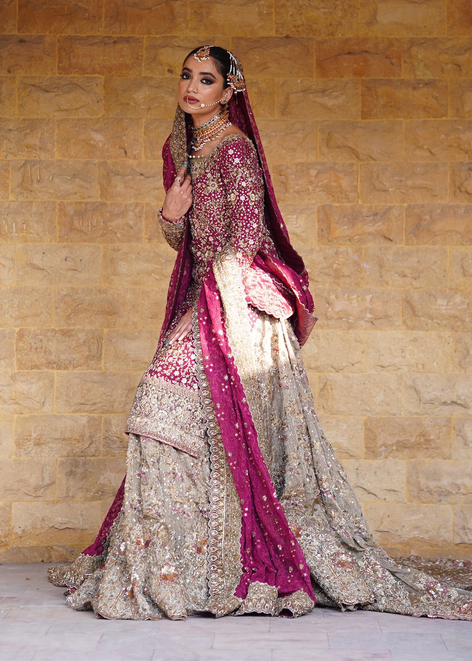 Indian Deep Magenta Antique Gold Embellished Bridal Lehenga (3-Piece) - Image 1