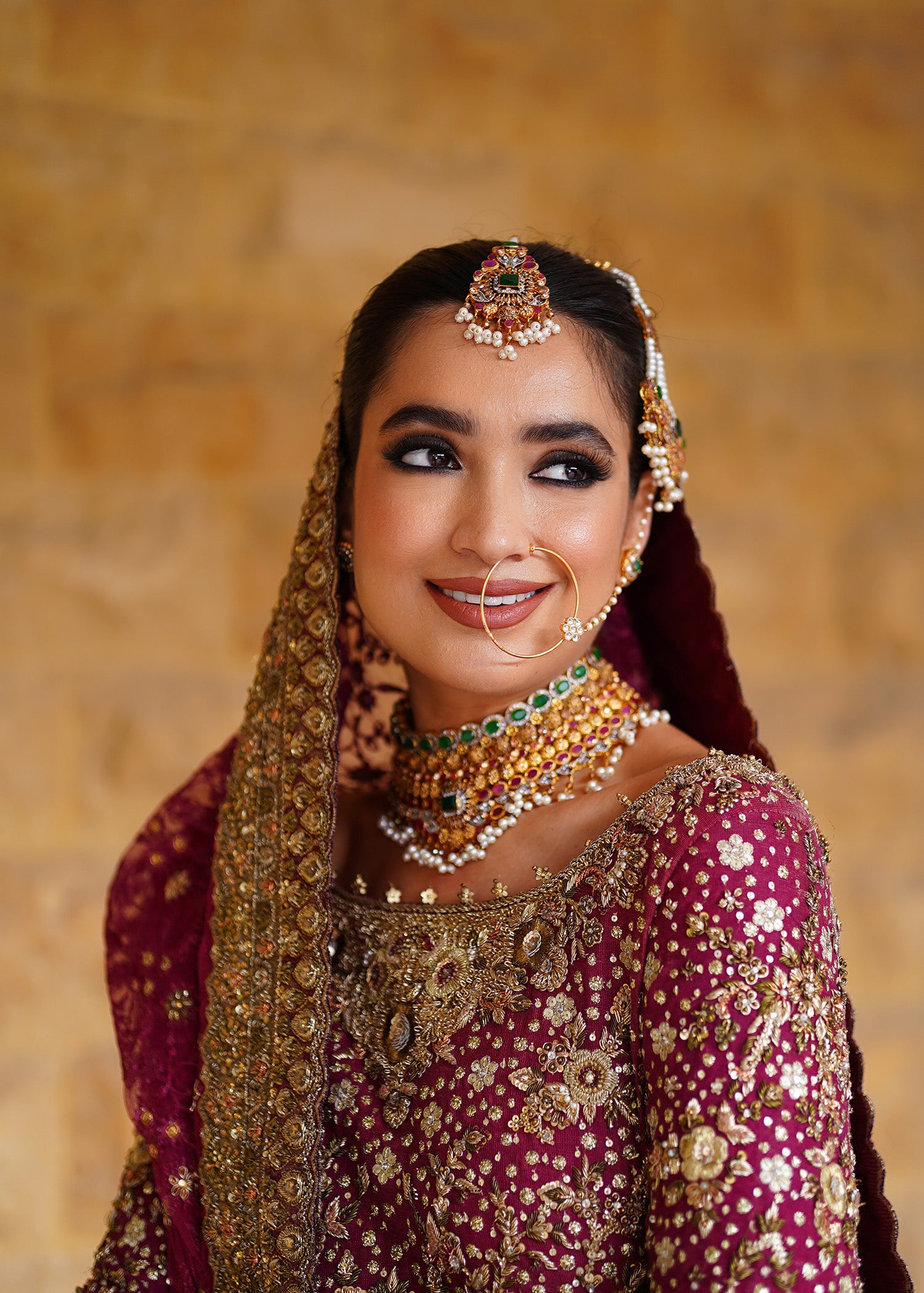 Indian Deep Magenta Antique Gold Embellished Bridal Lehenga (3-Piece) - Image 2