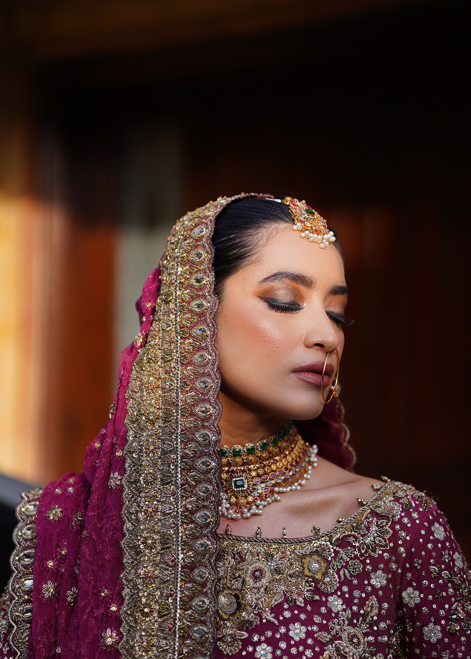 Indian Deep Magenta Antique Gold Embellished Bridal Lehenga (3-Piece) - Image 3