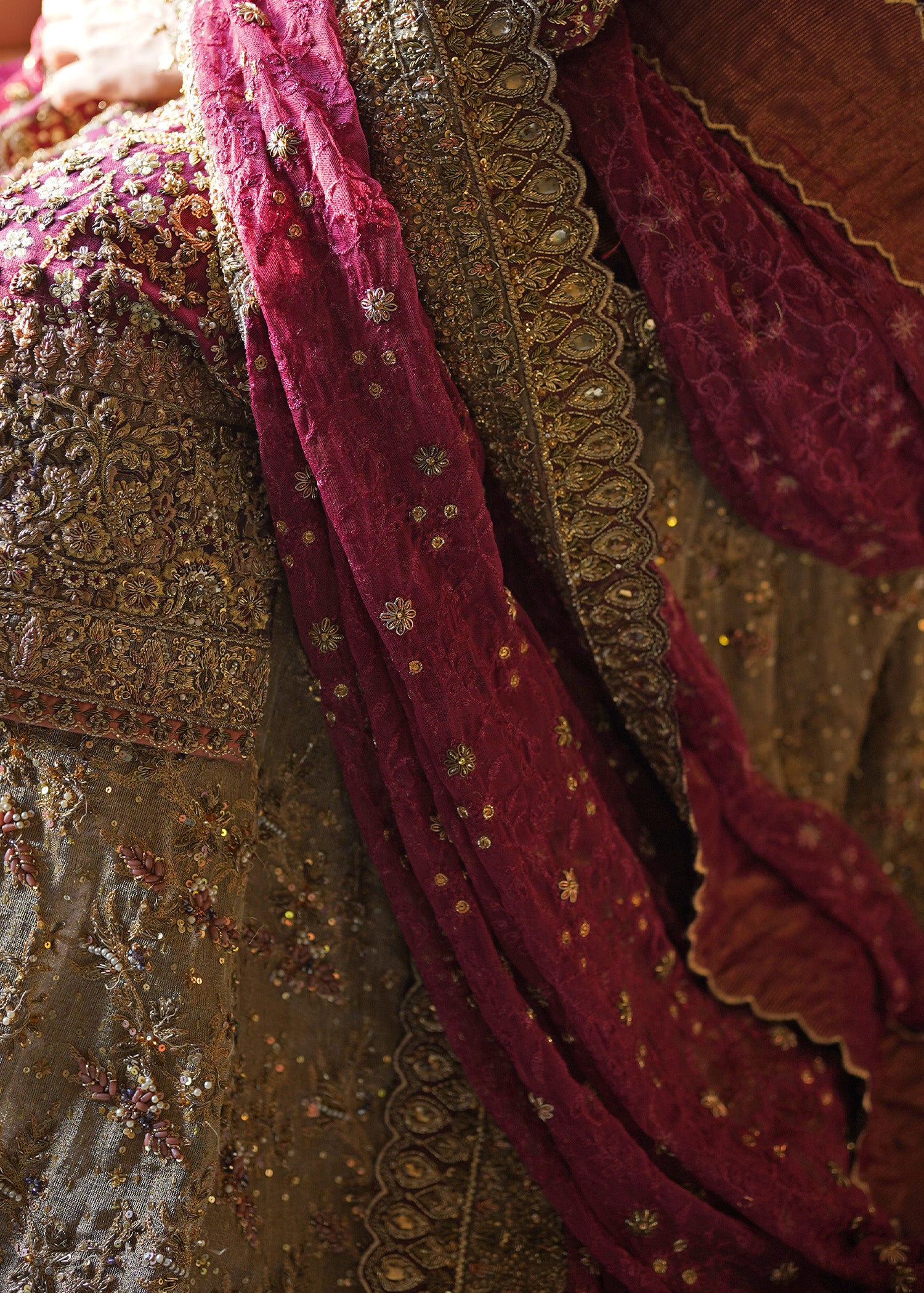 Indian Deep Magenta Antique Gold Embellished Bridal Lehenga (3-Piece) - Image 7