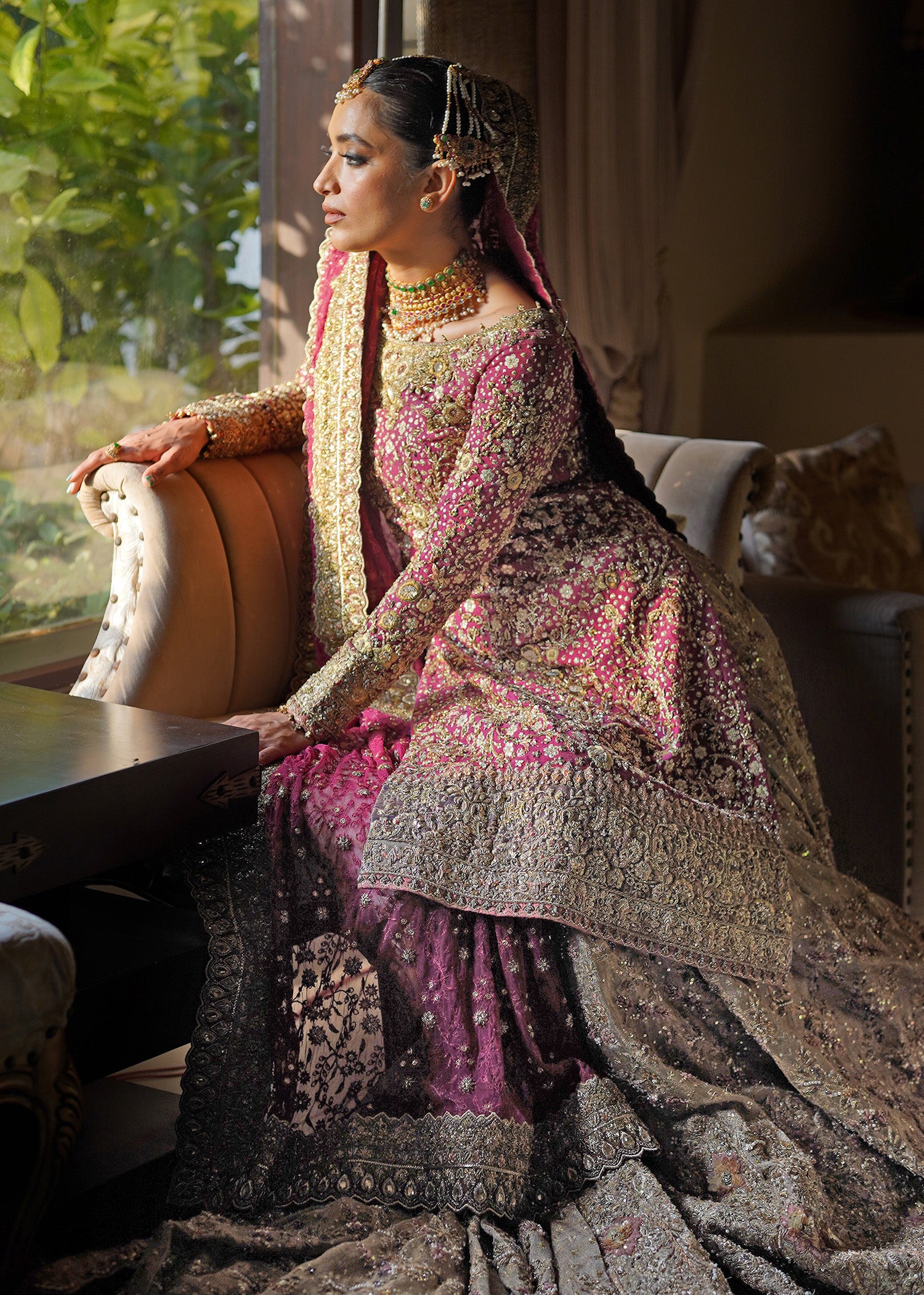 Deep Magenta Antique Gold Embroidered Silk Lehenga (3-Piece) - Image 4