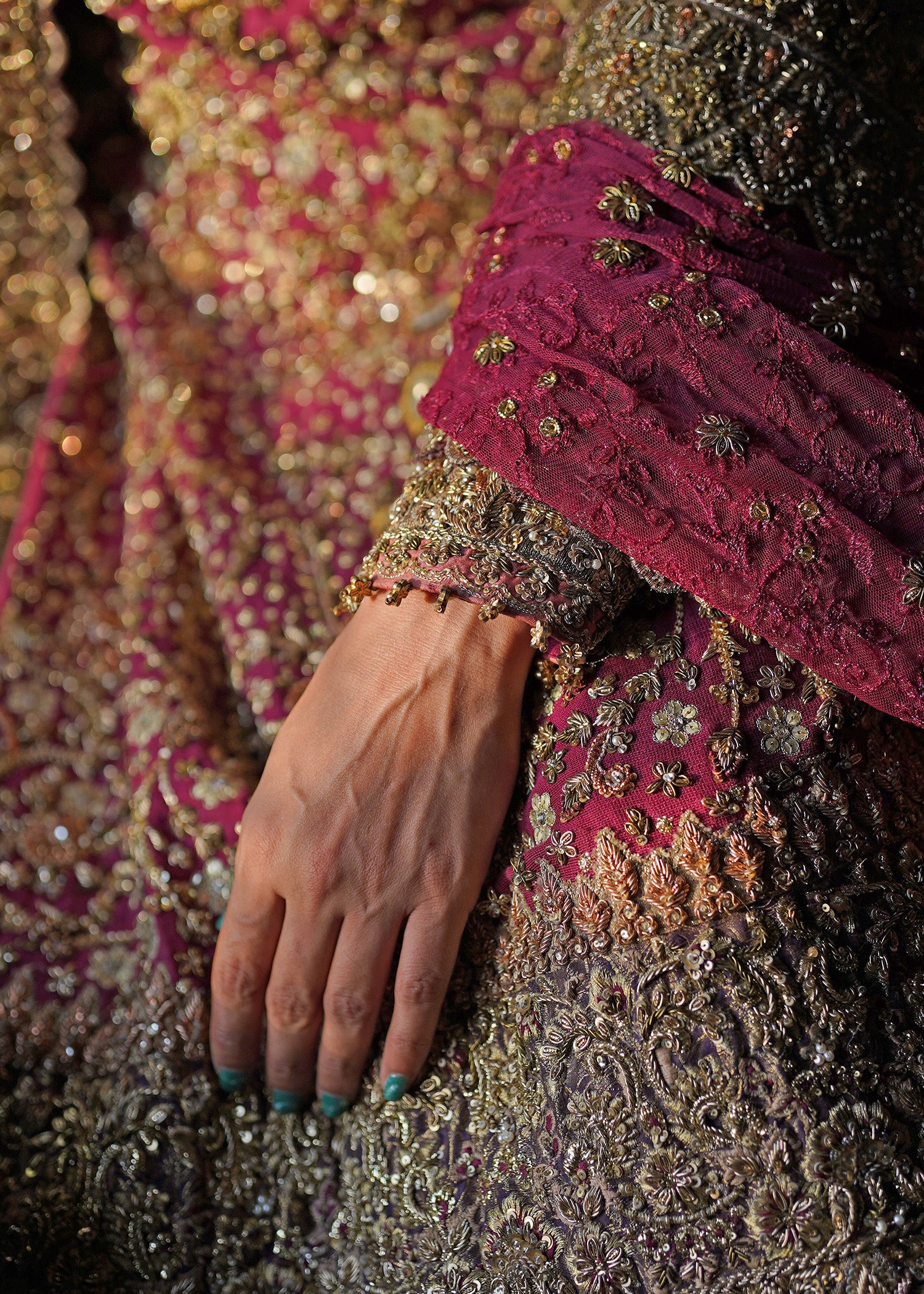 Deep Magenta Antique Gold Embroidered Silk Lehenga (3-Piece) - Image 5