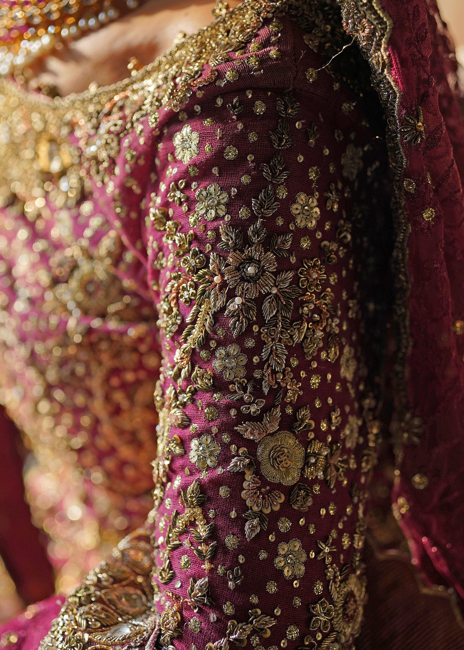 Deep Magenta Antique Gold Embroidered Silk Lehenga (3-Piece) - Image 6