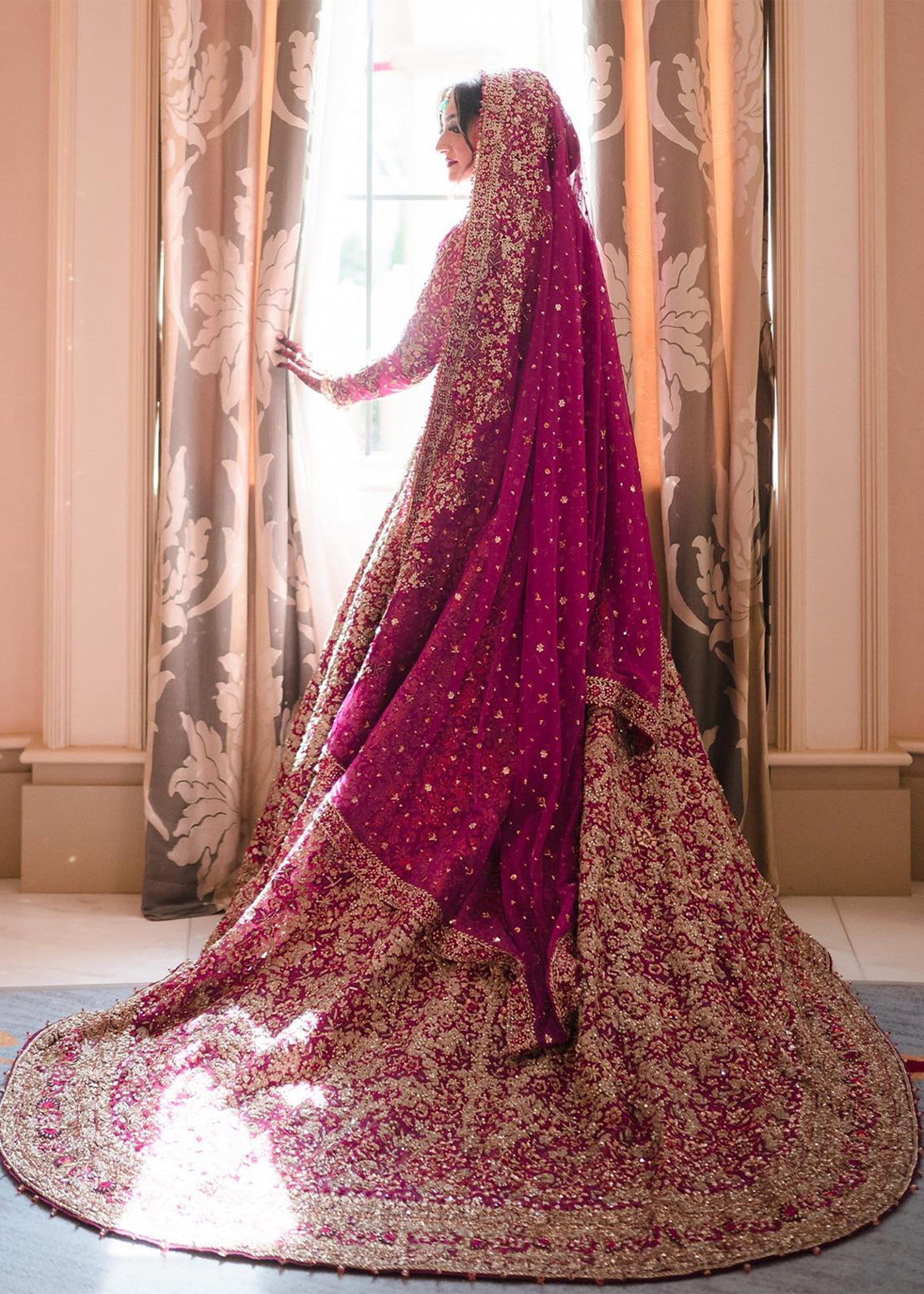 Pakistani Deep Magenta Embroidered Silk Bridal Lehenga (3-Piece) - Image 1