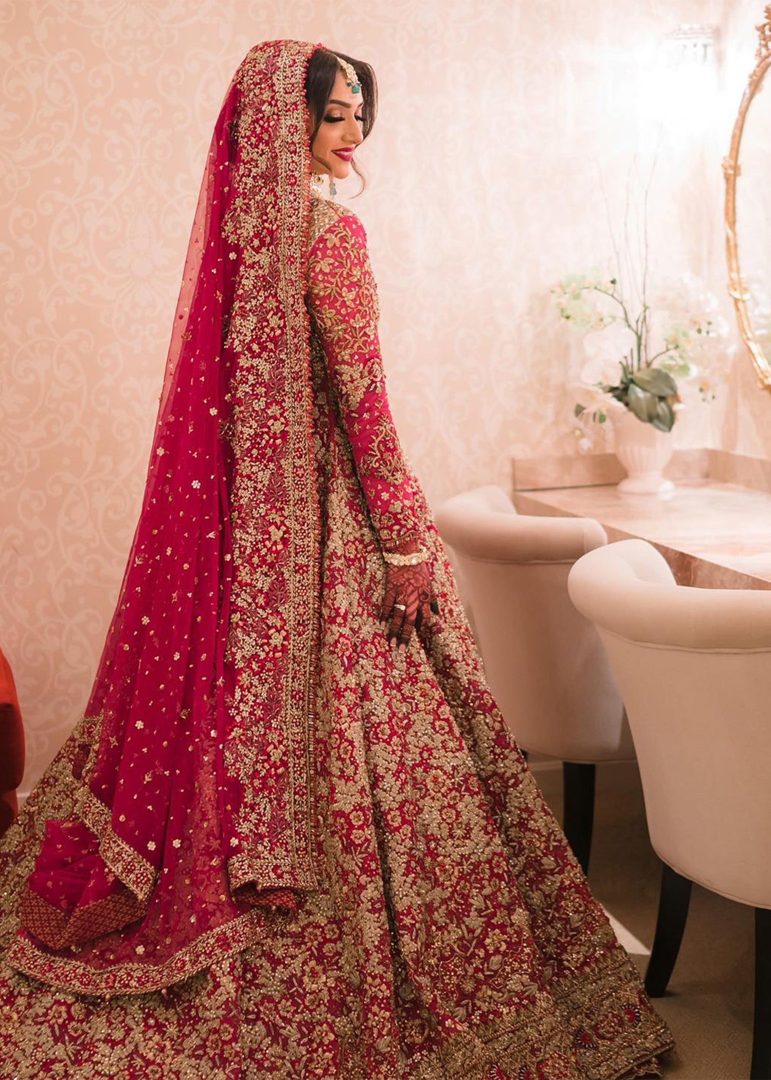 Pakistani Deep Magenta Embroidered Silk Bridal Lehenga (3-Piece) - Image 2